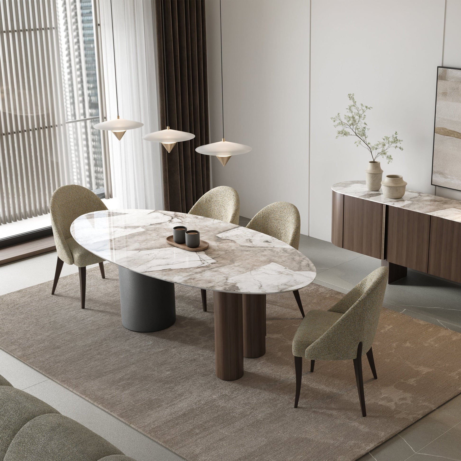 Modern dining room featuring a Gamma Ceramic Wood Dining Table with elegant chairs and stylish decor.