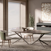 Side angle of the Lupa Dining Table highlighting its minimalist structure and elegant craftsmanship.