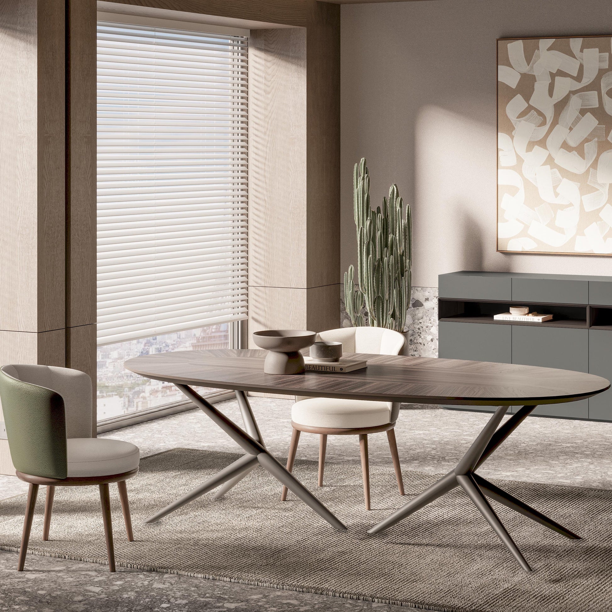 Side angle of the Lupa Dining Table highlighting its minimalist structure and elegant craftsmanship.