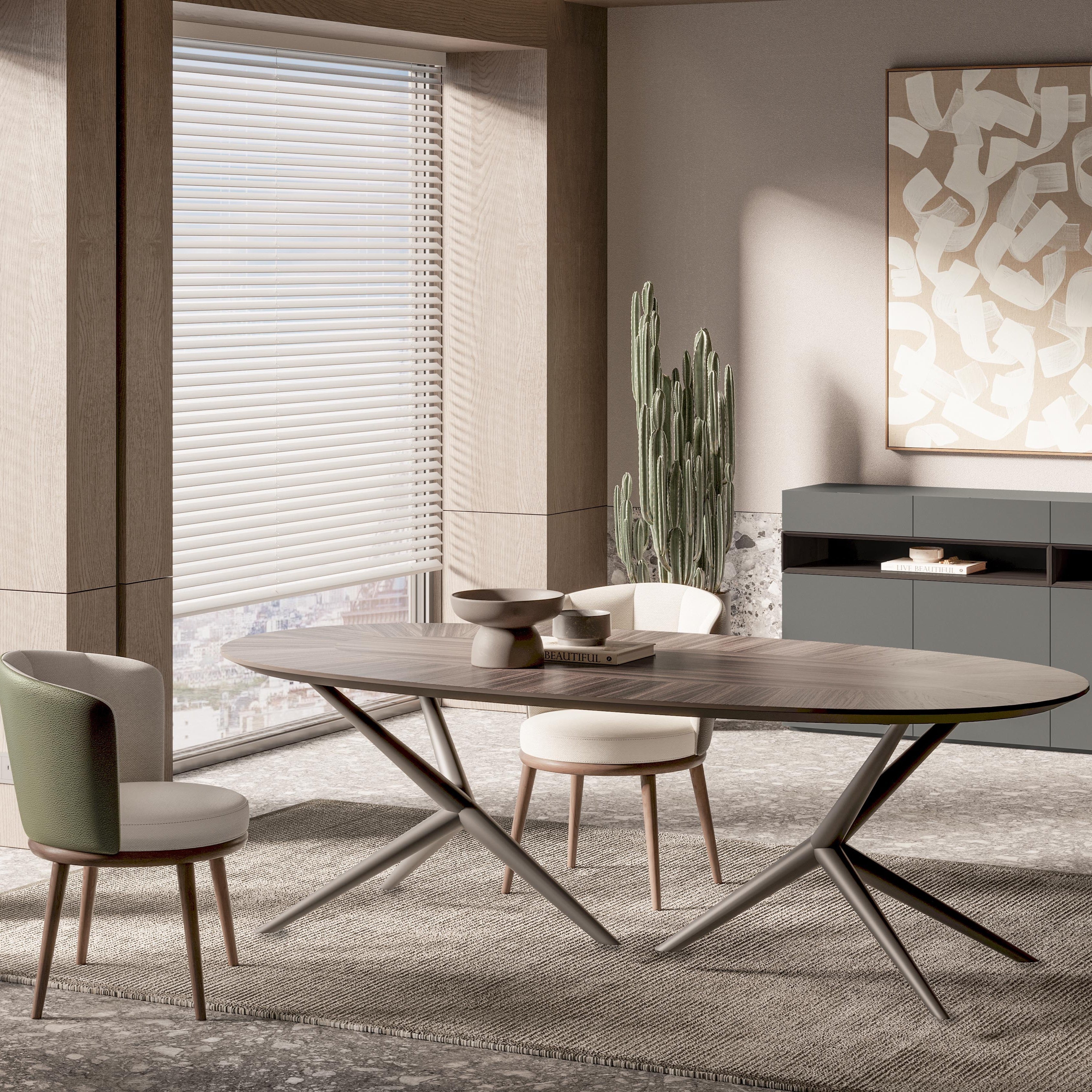 Side angle of the Lupa Dining Table highlighting its minimalist structure and elegant craftsmanship.