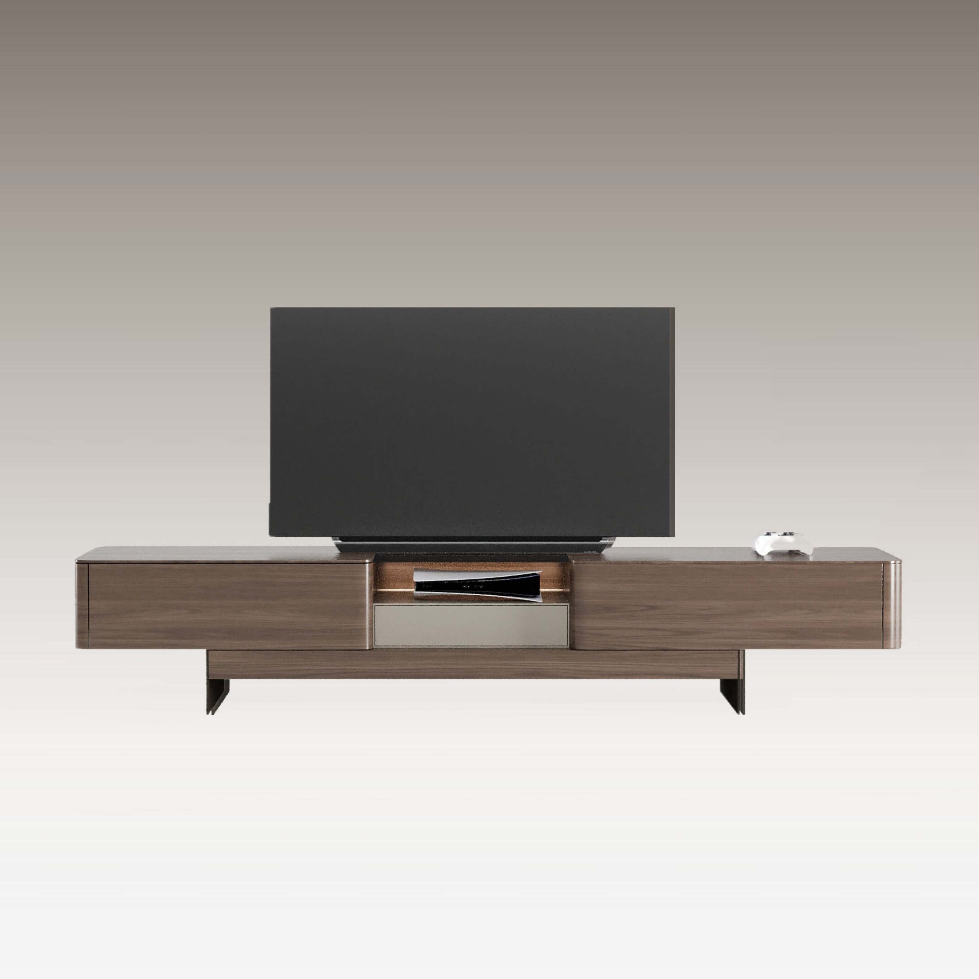 Moderno TV Unit – Modern wood media console with drawers and open shelf for living room storage