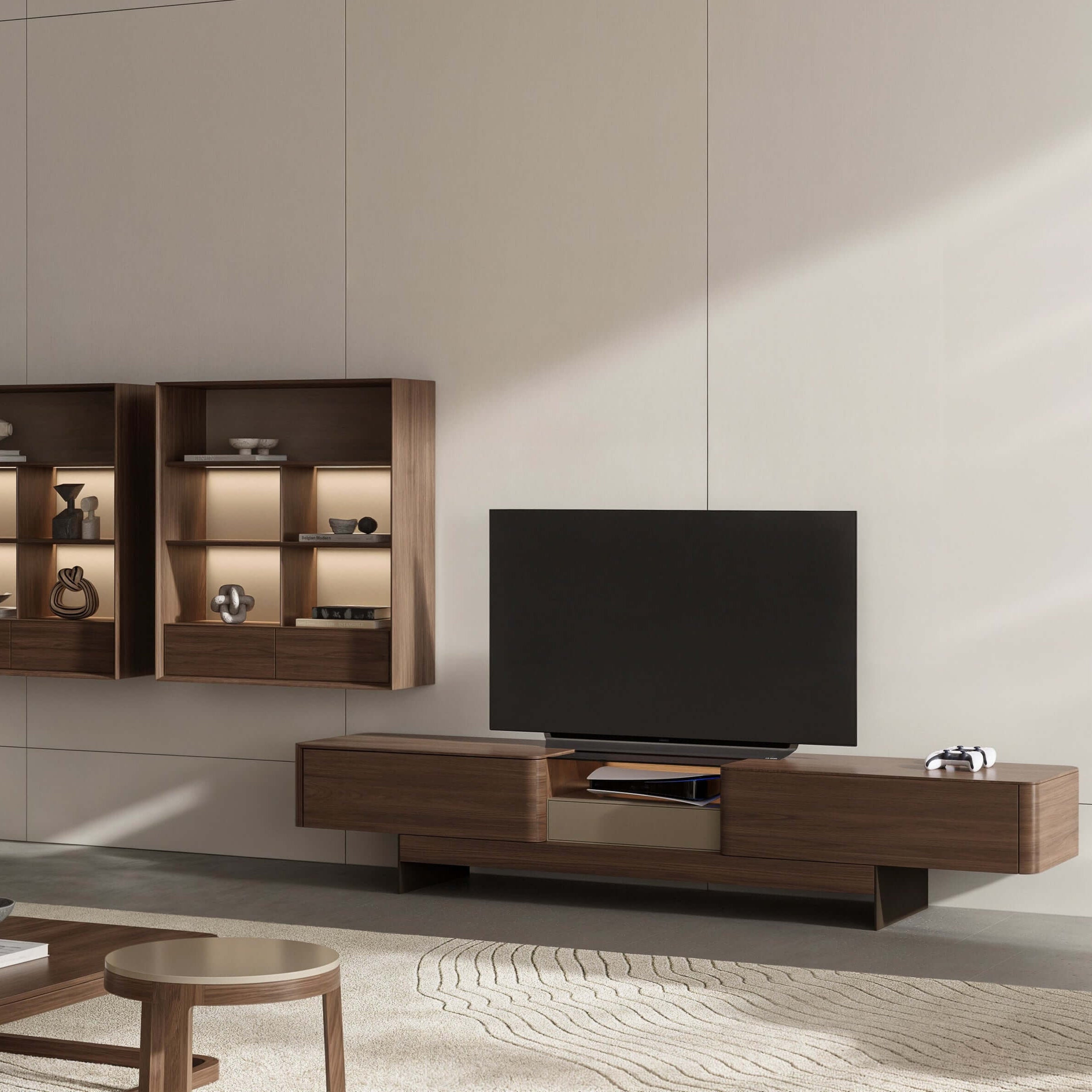 Moderno living room setup featuring the Modern TV Unit wooden media console