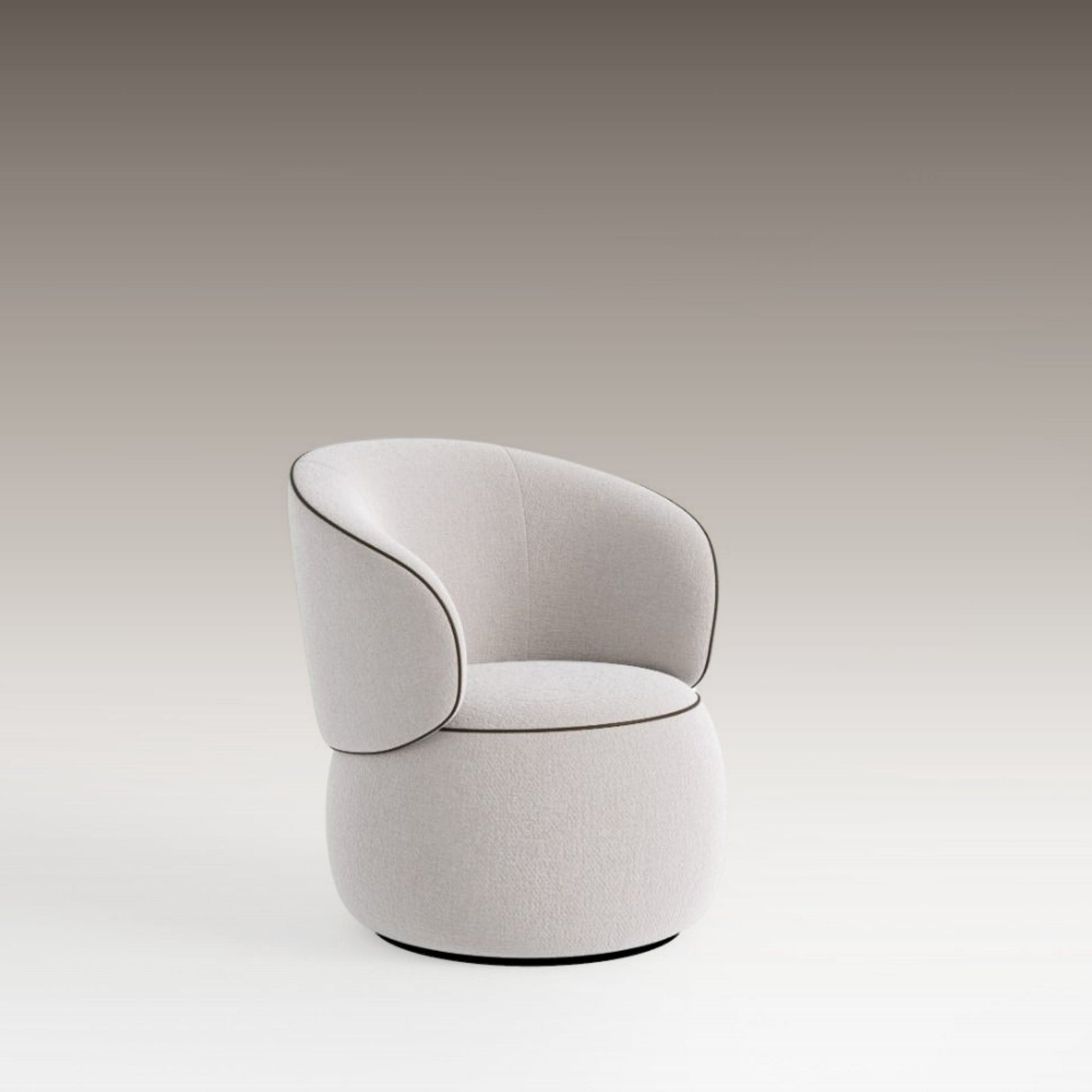 Moss Swivel Armchair in cream upholstery with black piping and rounded base on neutral background