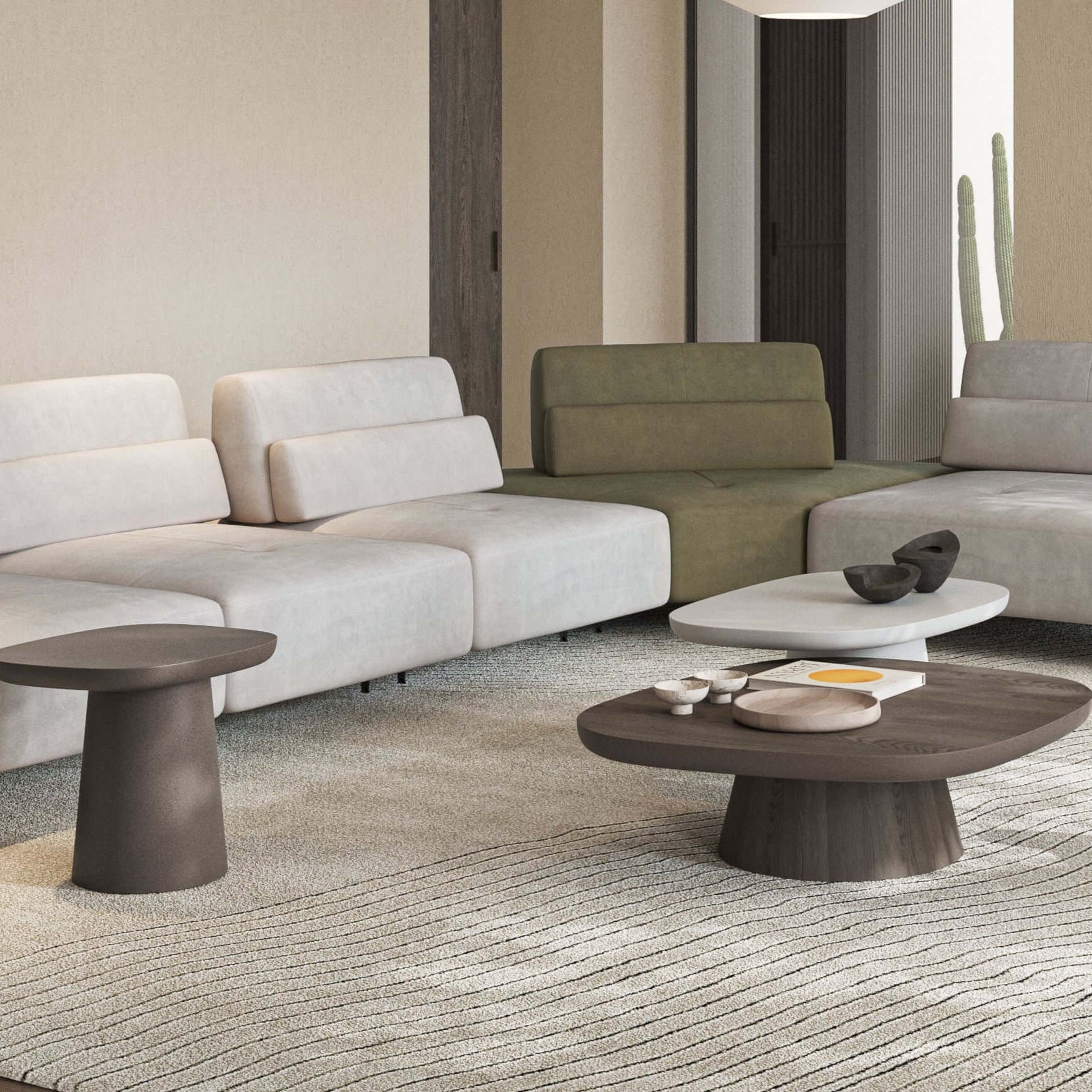 Stylish living room featuring Moss Coffee Table Set with organic shapes and modern sofa in neutral tones.