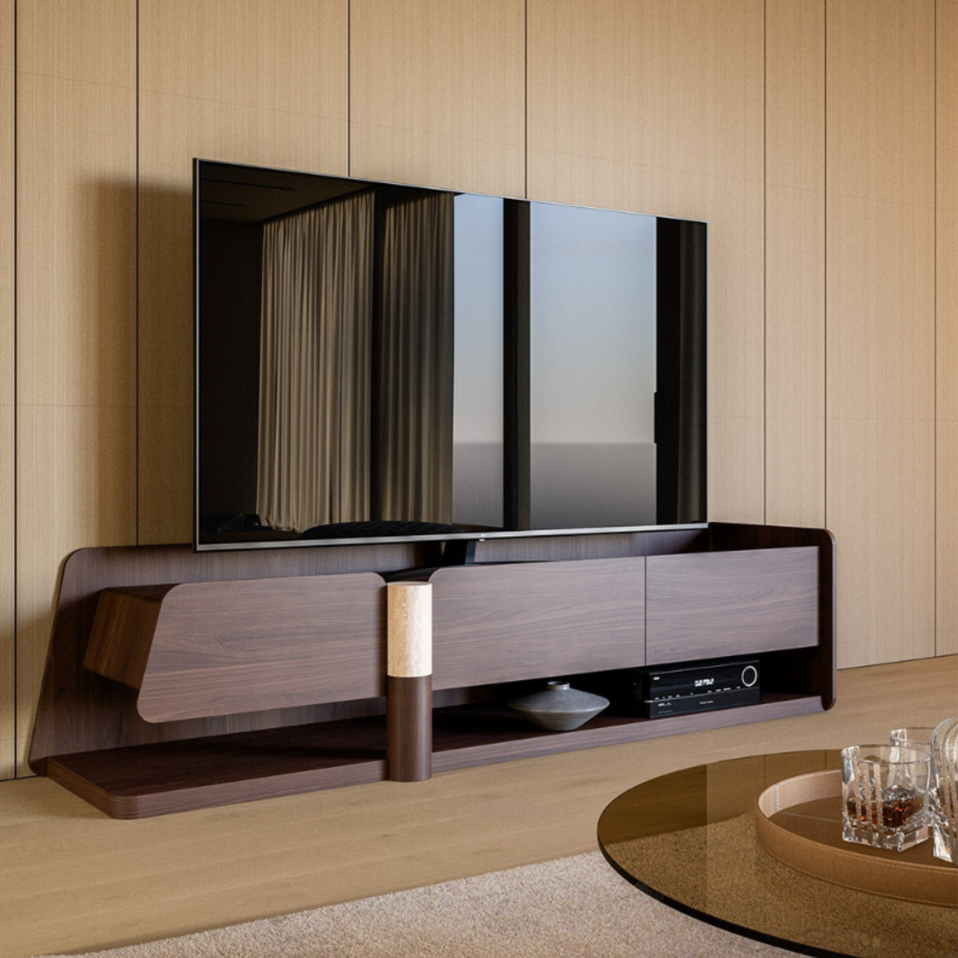 Cascade TV Unit with modern design and customizable storage, ideal for contemporary living spaces. Available with fast shipping across the GTA and Canada.