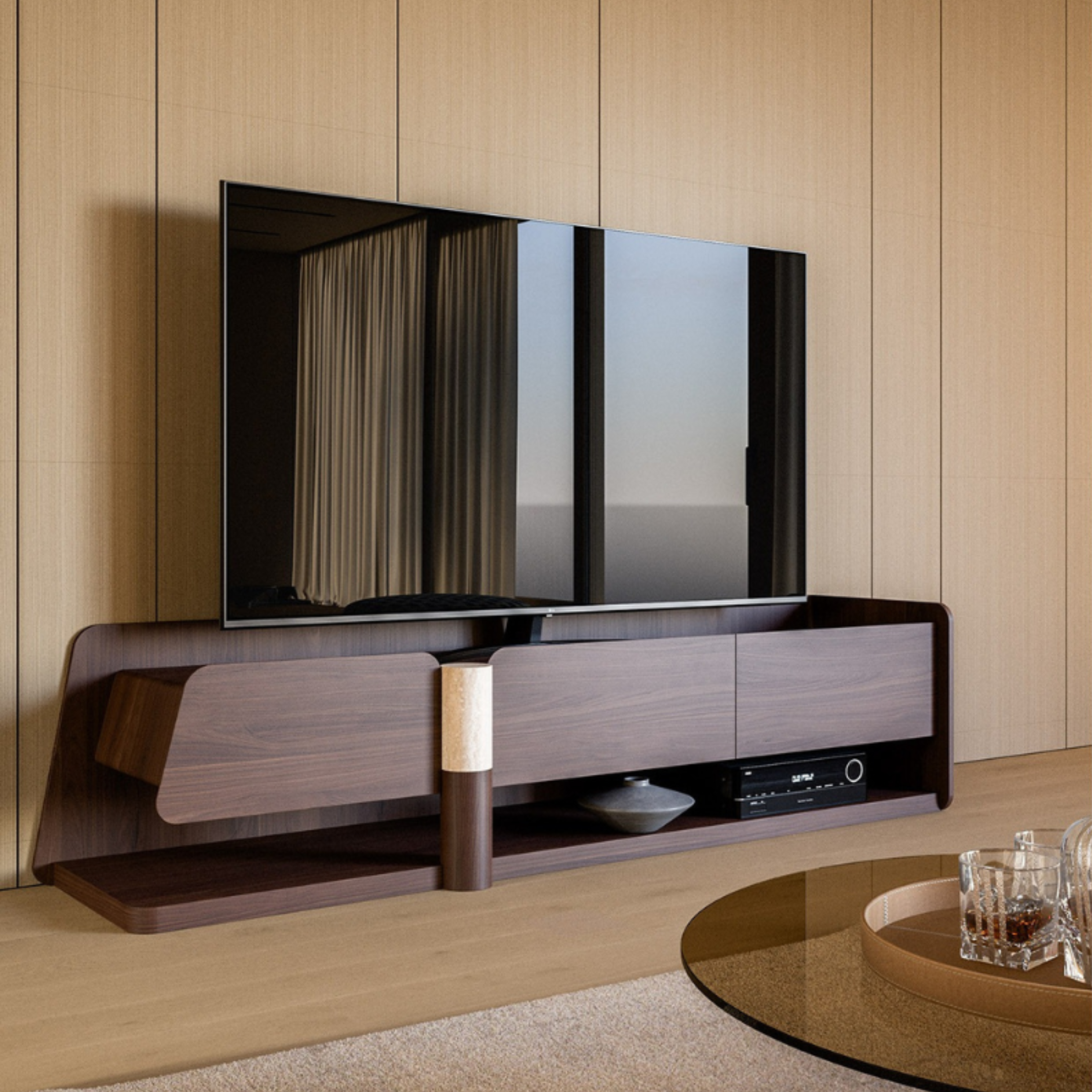 Cascade TV Unit with modern design and customizable storage, ideal for contemporary living spaces. Available with fast shipping across the GTA and Canada.
