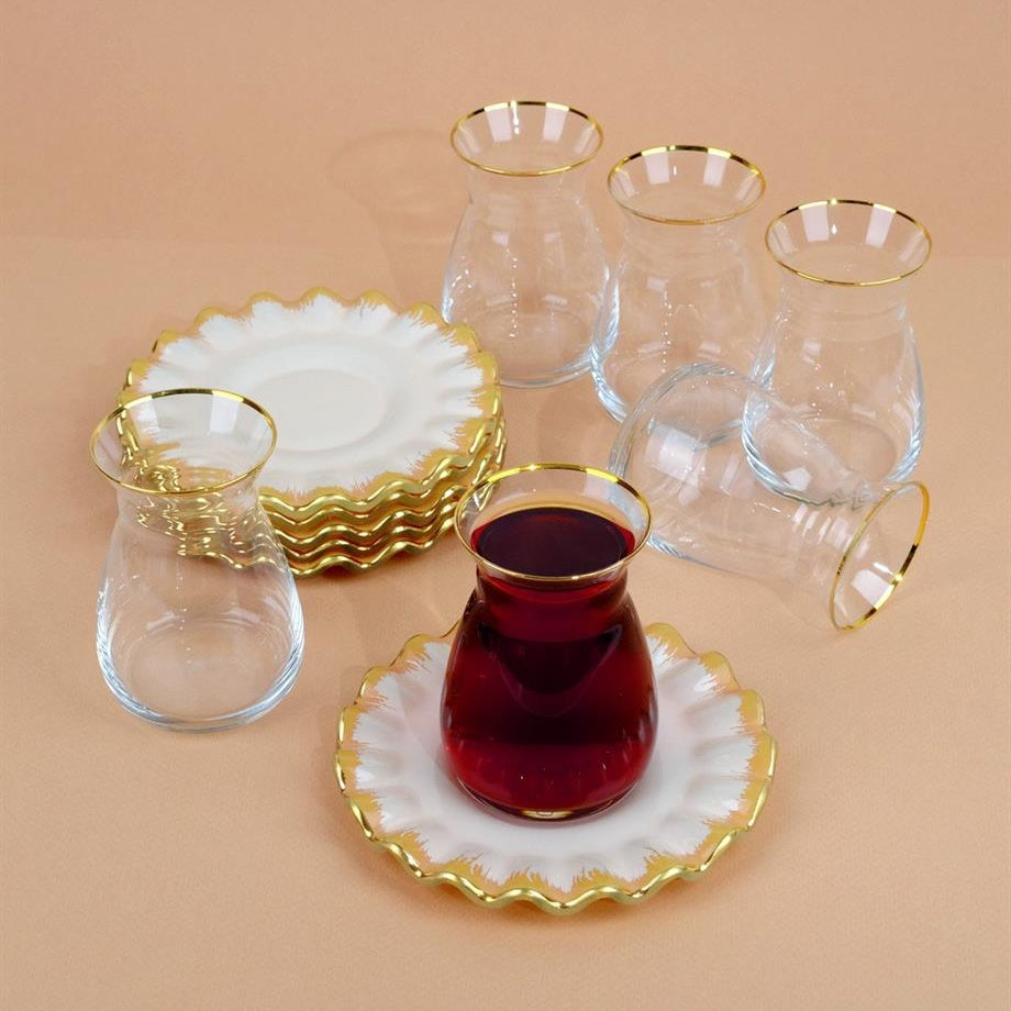 Caramel Tea Set – Elegant Gold-Rimmed Glasses & Porcelain Saucers ...