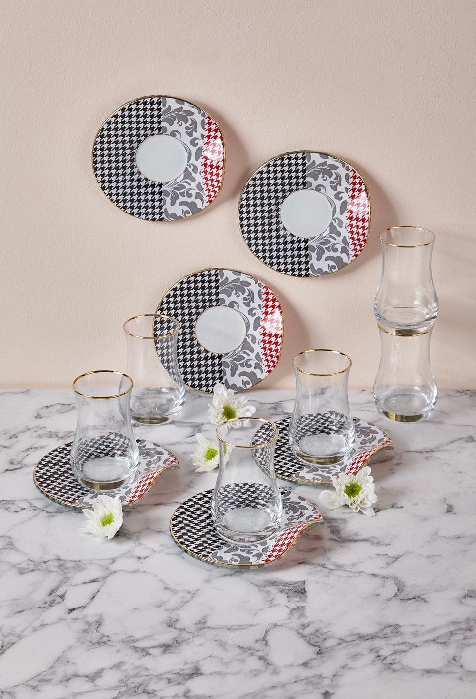 Plaid Jacquard 6 Person Tea Glass Set