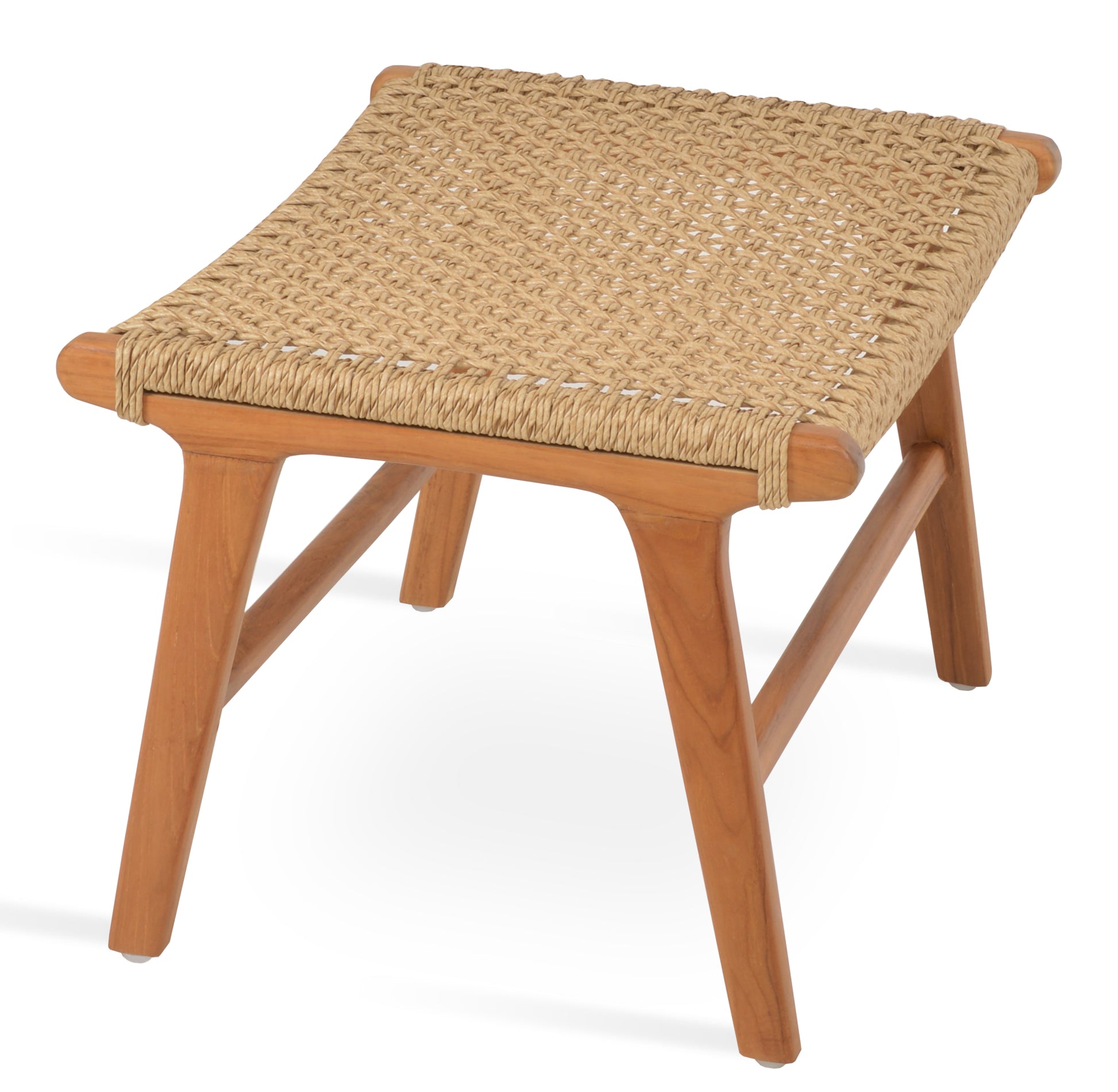 Ember Ottoman in Scandinavian retro style, made from grade A teak wood and durable Viro wicker, suitable for modern rustic interiors.