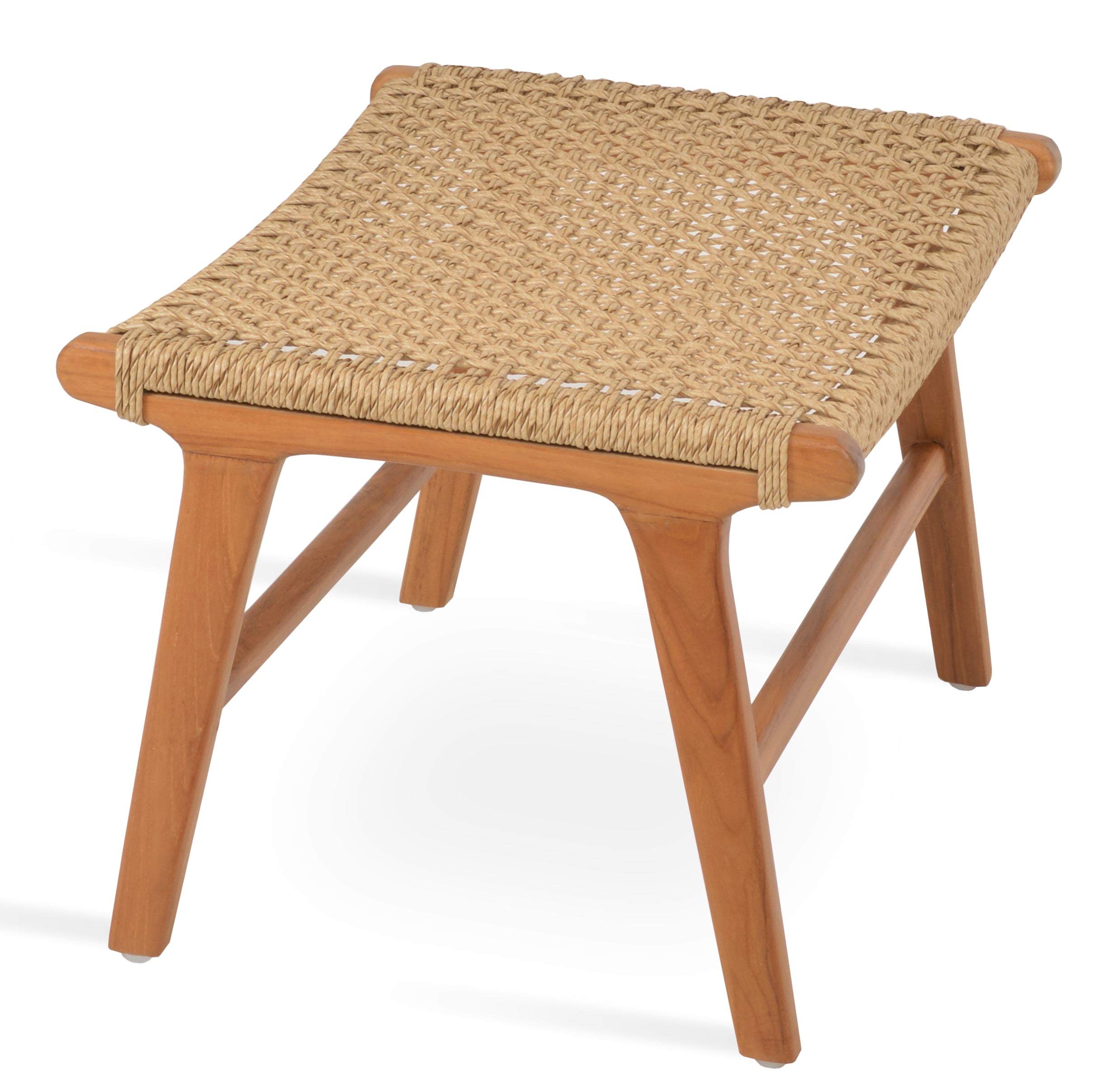 Ember Ottoman in Scandinavian retro style, made from grade A teak wood and durable Viro wicker, suitable for modern rustic interiors.