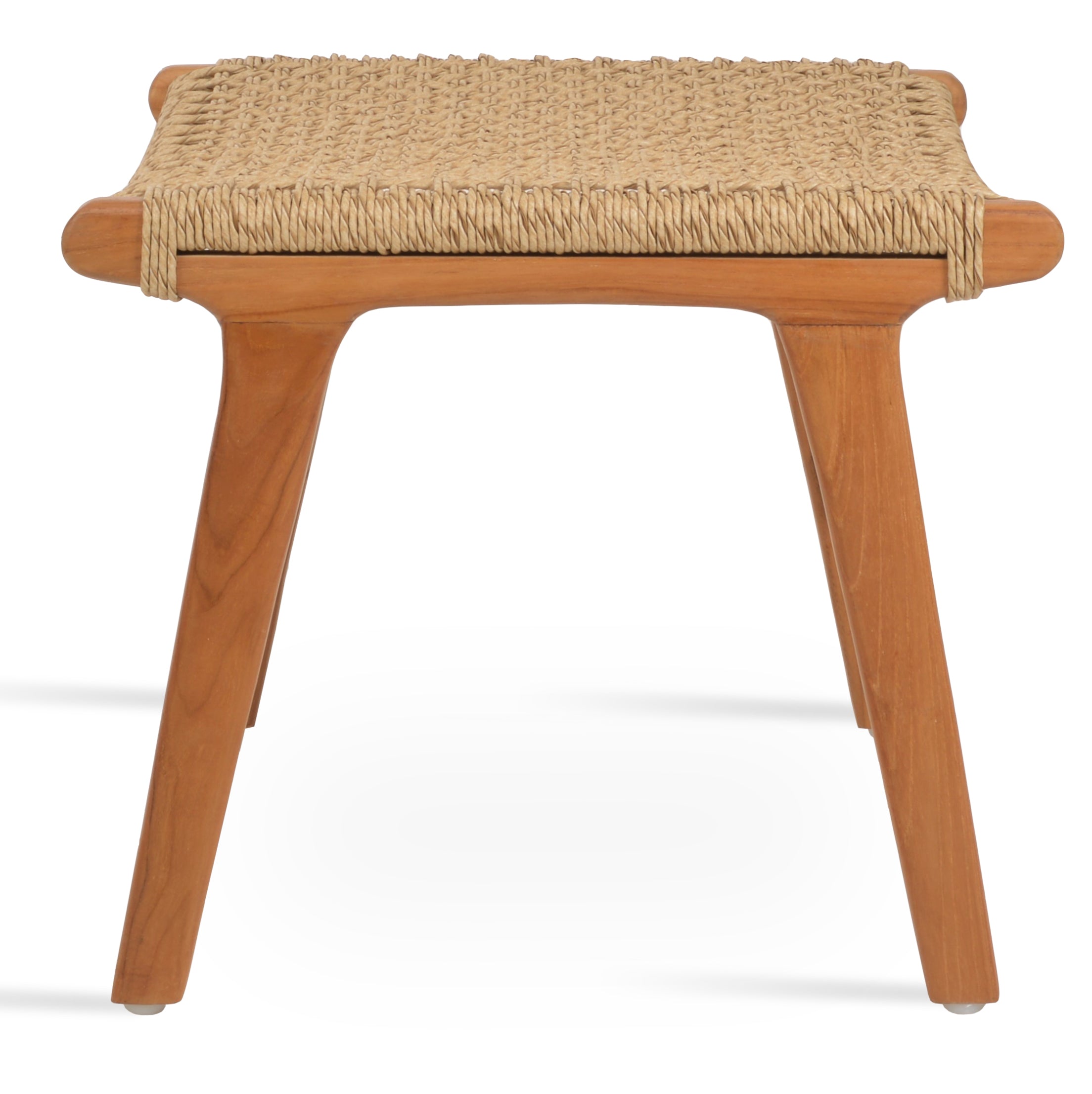 Ember Ottoman in Scandinavian retro style, made from grade A teak wood and durable Viro wicker, suitable for modern rustic interiors.