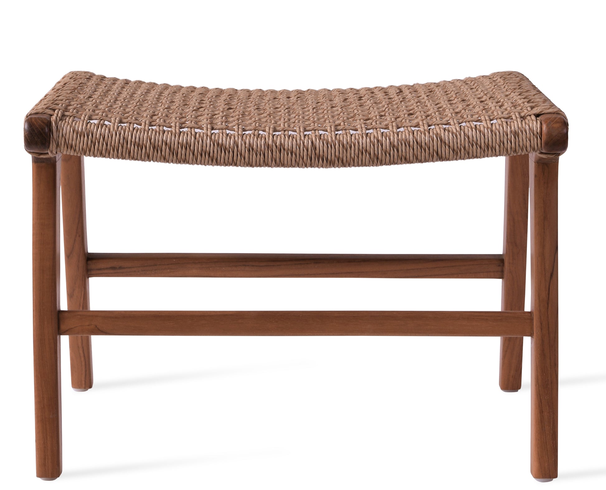 Ember Ottoman in Scandinavian retro style, made from grade A teak wood and durable Viro wicker, suitable for modern rustic interiors.