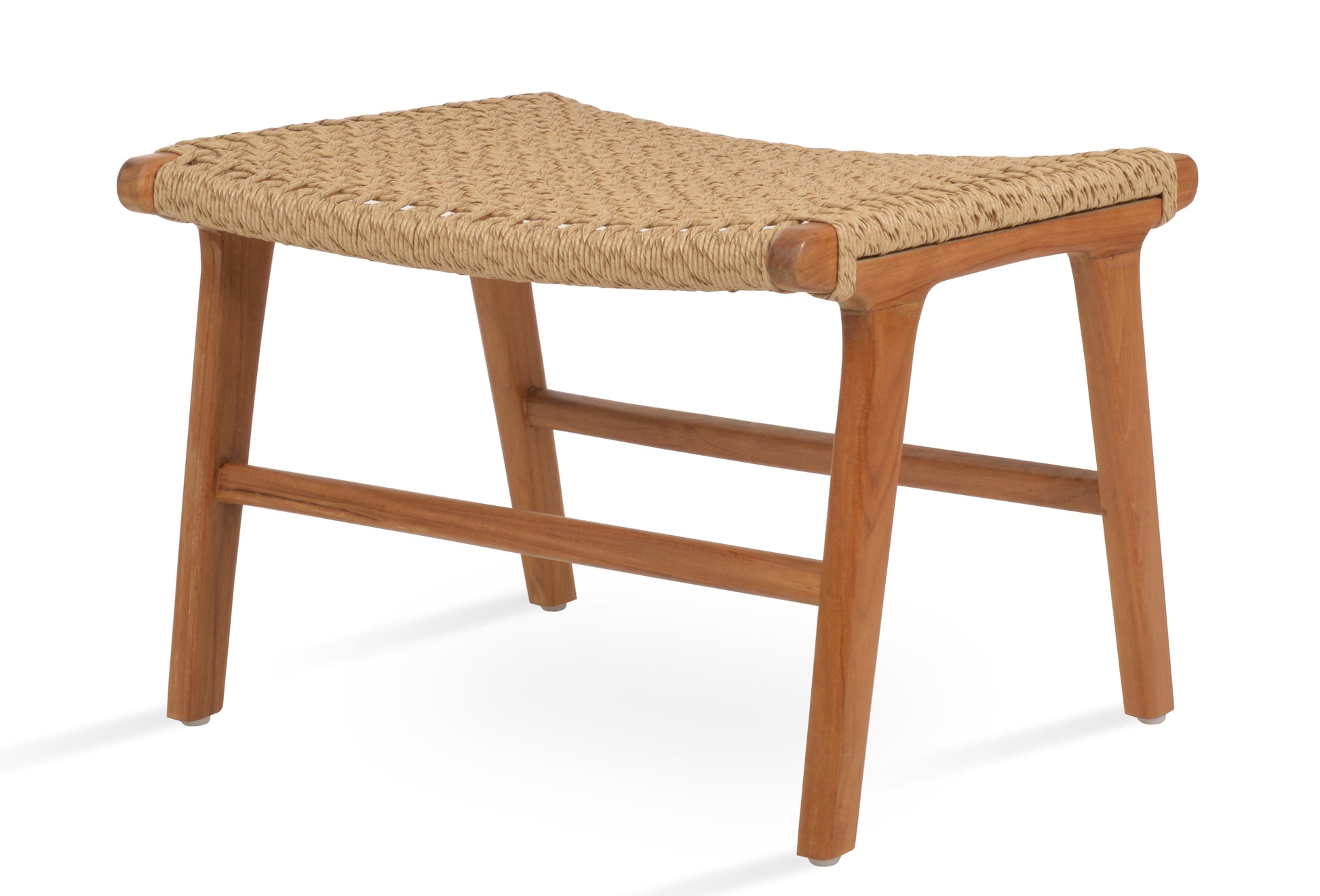 Ember Ottoman in Scandinavian retro style, made from grade A teak wood and durable Viro wicker, suitable for modern rustic interiors.