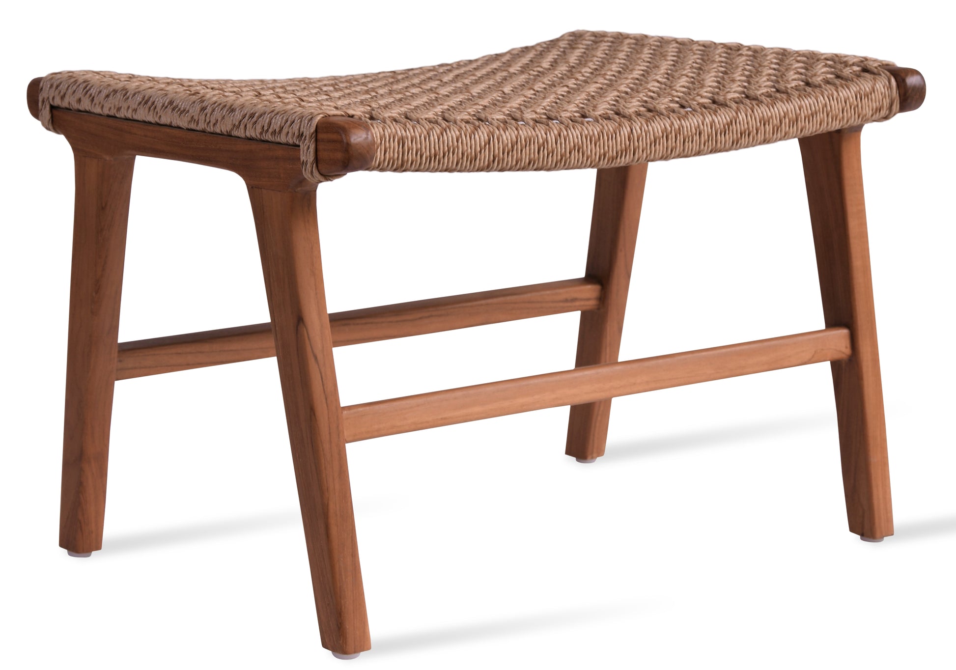 Ember Ottoman in Scandinavian retro style, made from grade A teak wood and durable Viro wicker, suitable for modern rustic interiors.