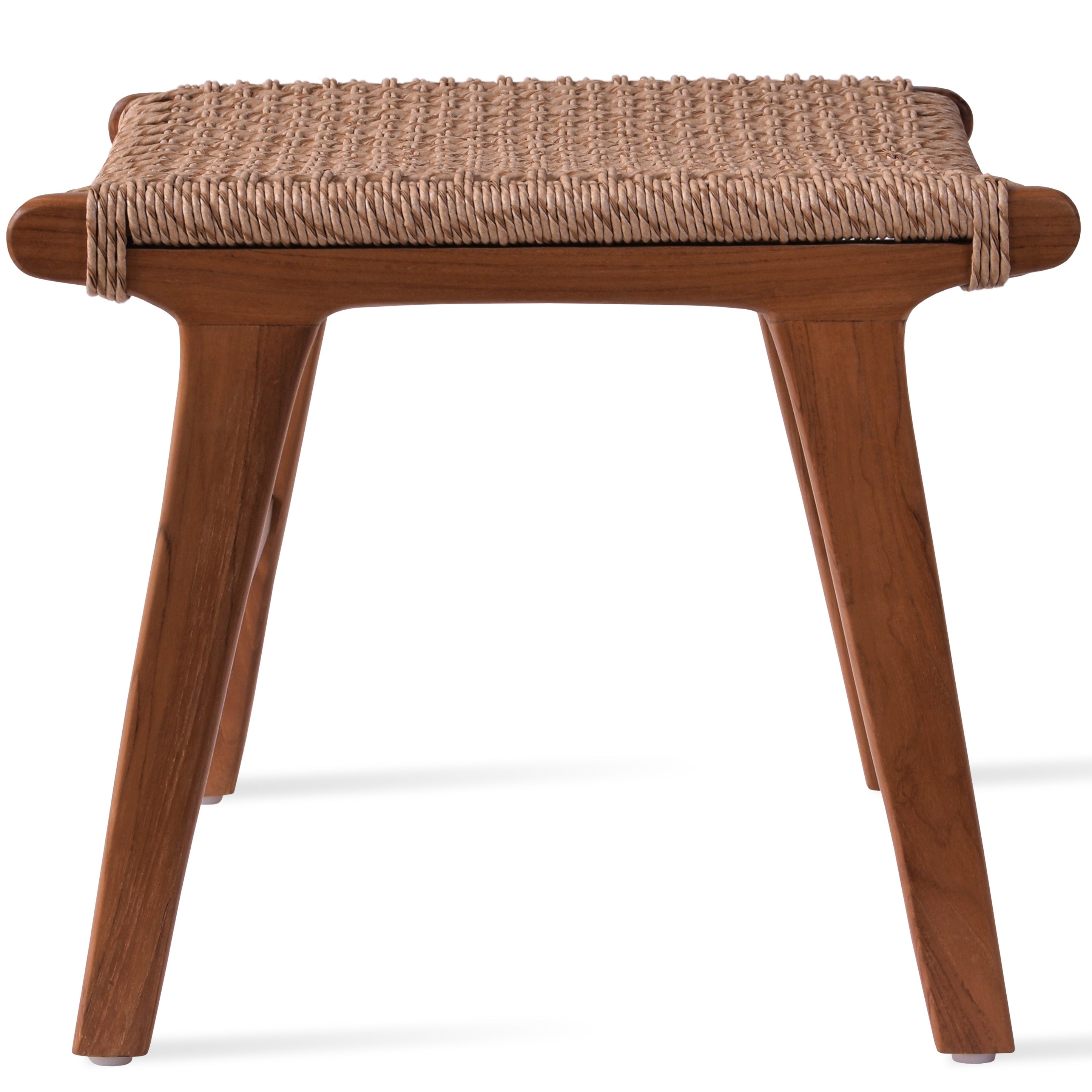 Ember Ottoman in Scandinavian retro style, made from grade A teak wood and durable Viro wicker, suitable for modern rustic interiors.