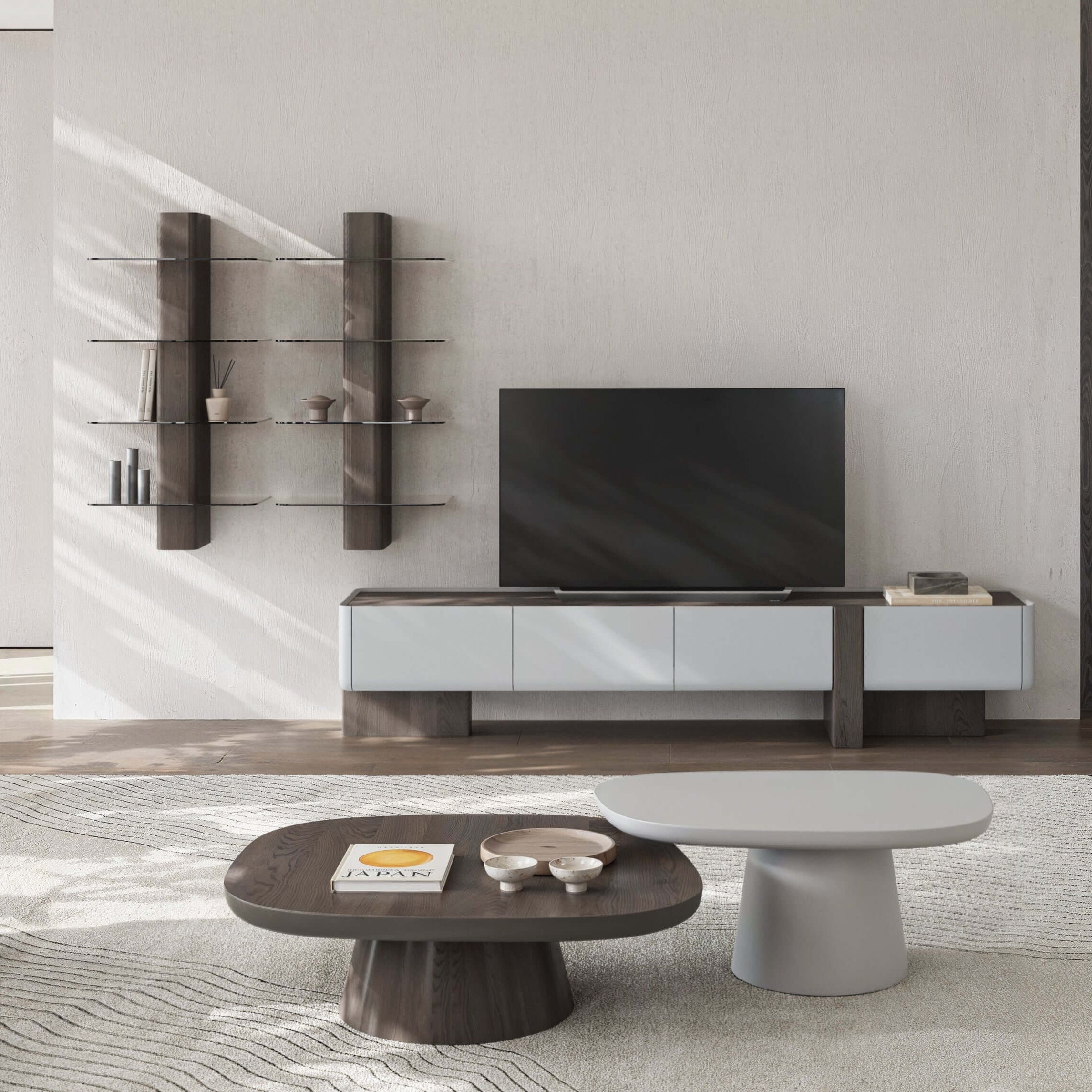 Stylish living room featuring a Moss coffee table set, modern TV unit, and elegant decor.