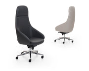 Two office chairs, one black and one gray, on a white background