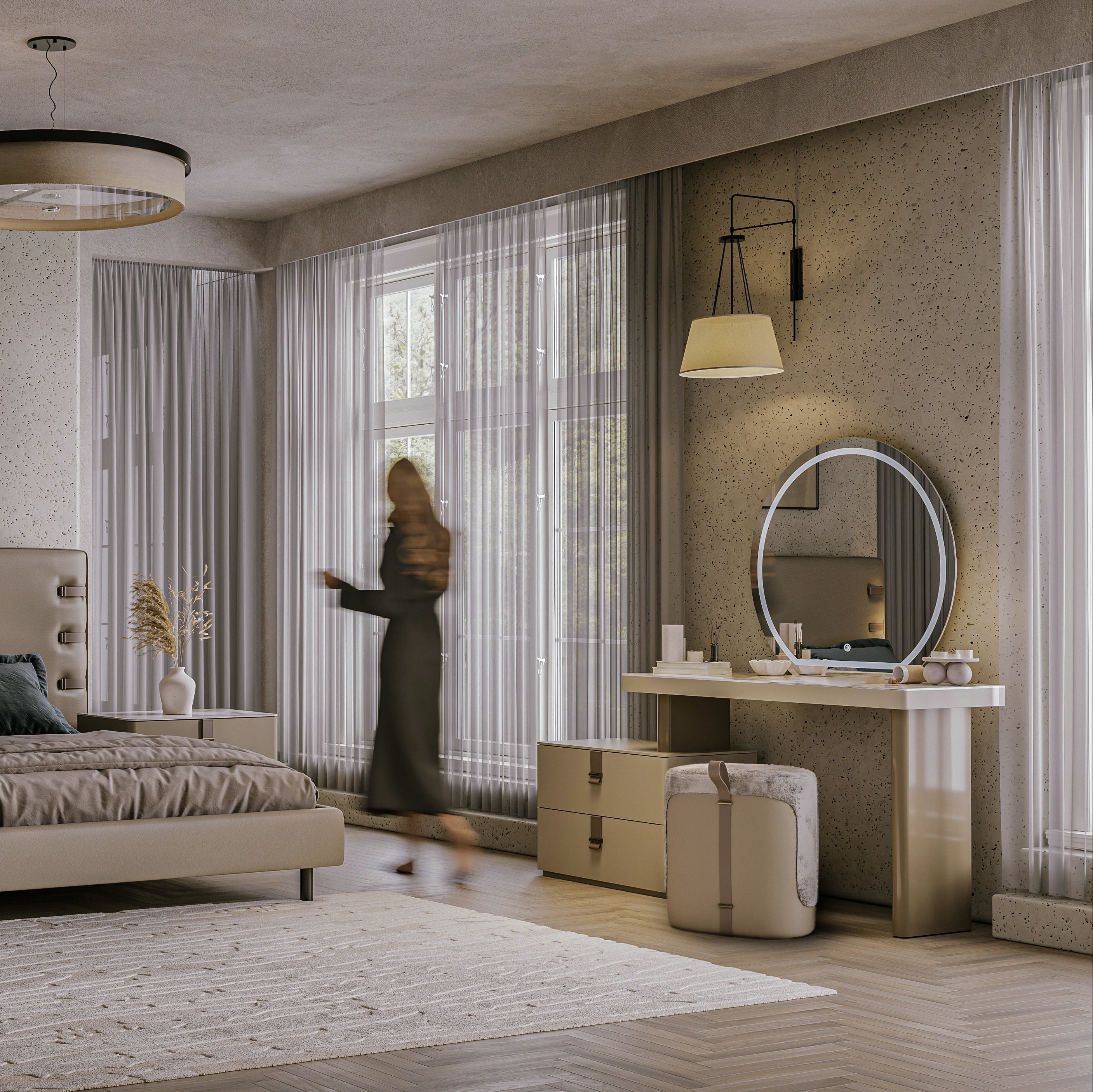 Amara nightstand by Canapy Furniture styled beside upholstered bed with ceramic top.