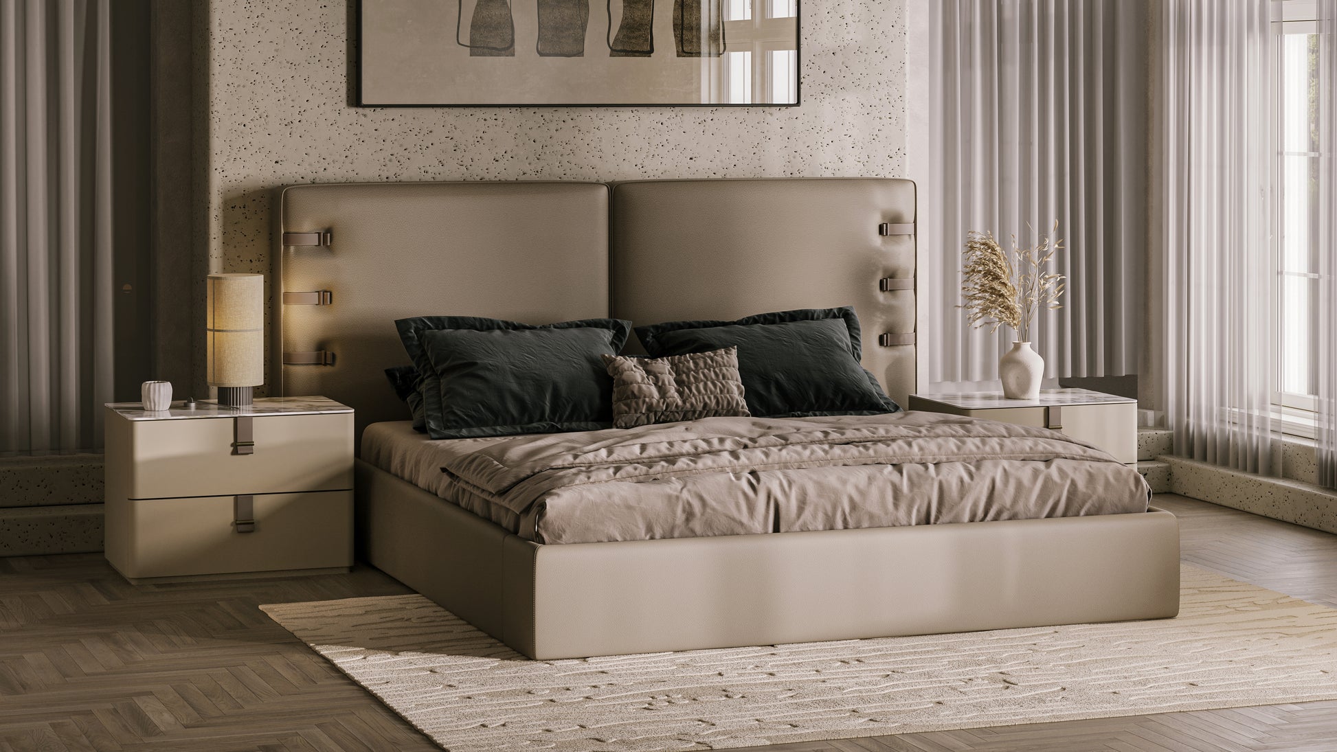 Modern bedroom with a beige bed, nightstands, and decorative elements.