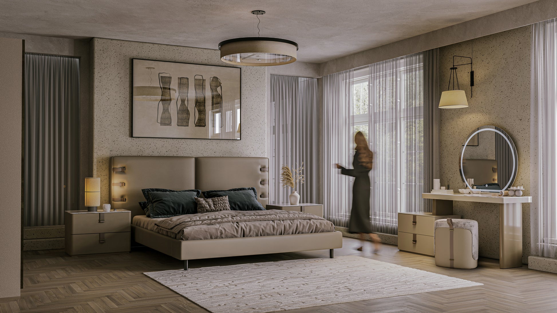 Modern bedroom with a bed, nightstands, and a woman standing by the window.