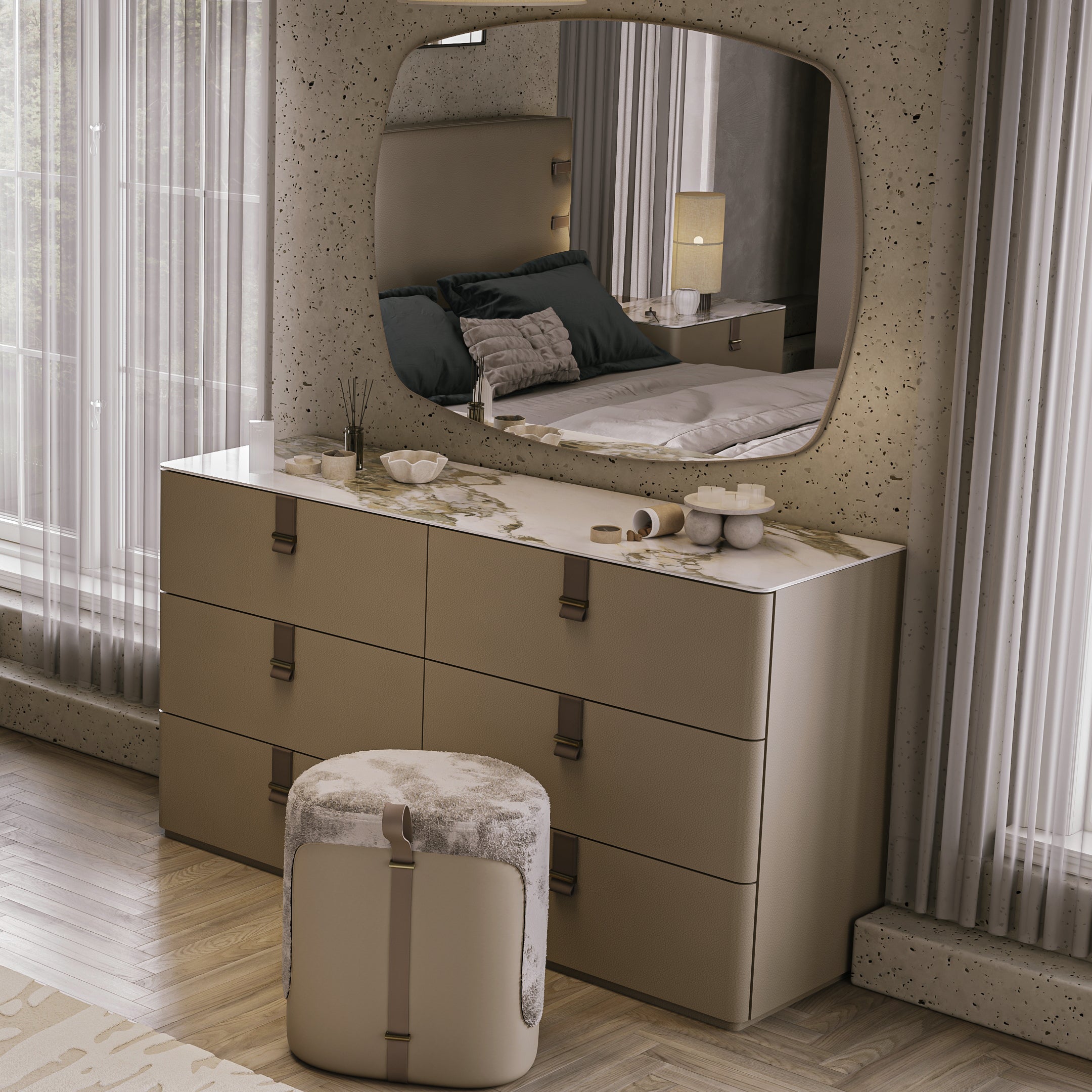 Modern bedroom with beige furniture, large mirror, and decorative elements.