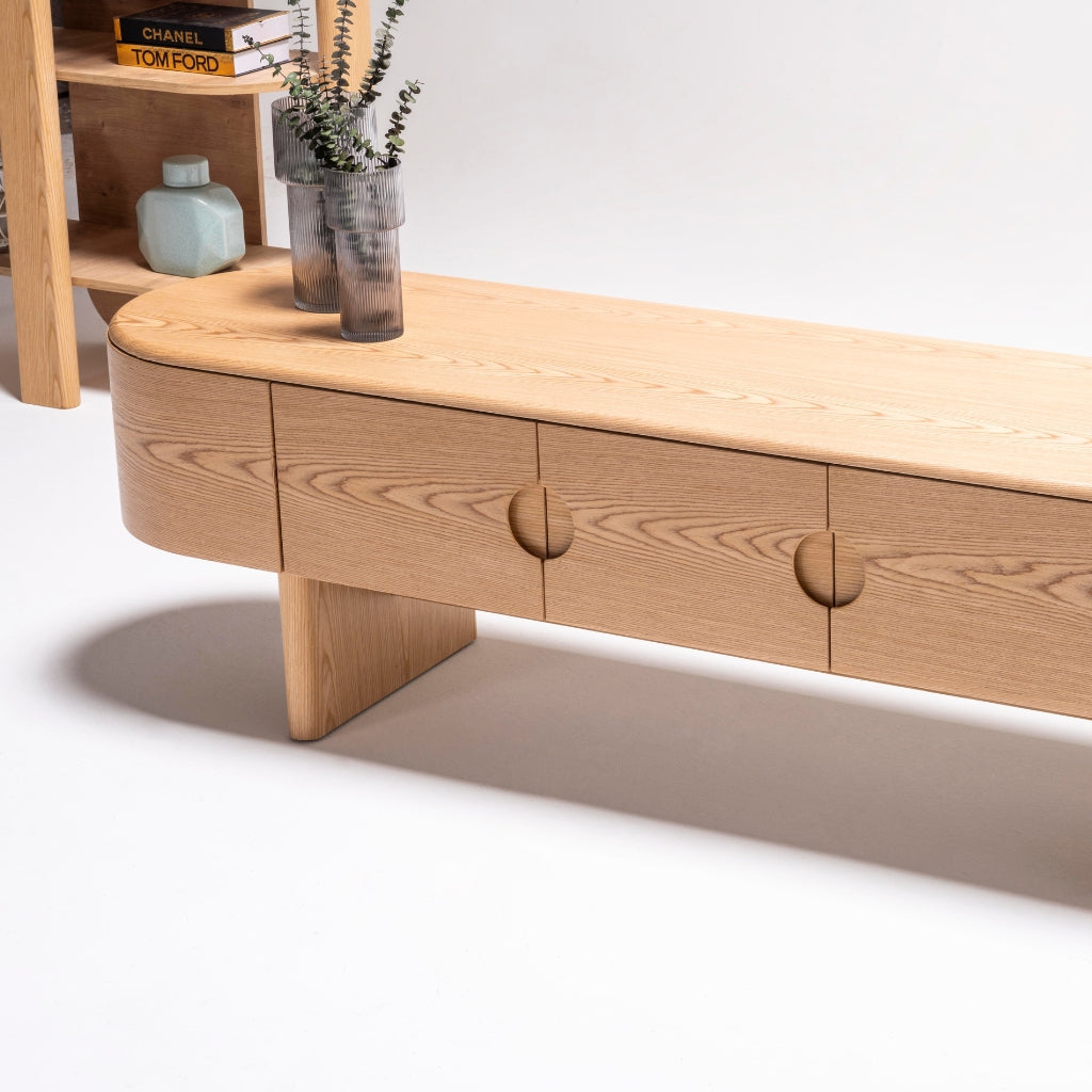 Alva Console styled in a modern living room with neutral decor and a minimalist aesthetic.
