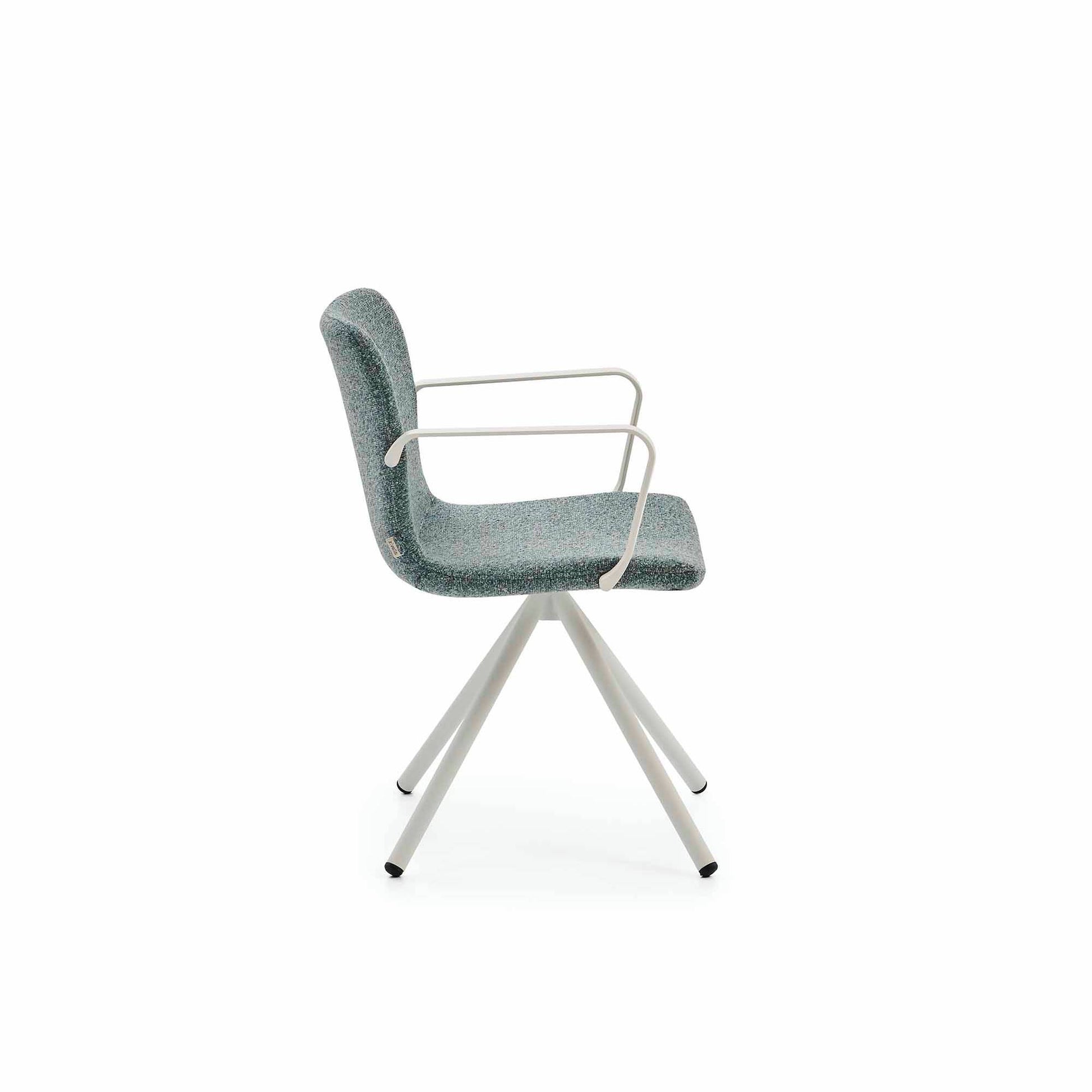 Chair with green cushioned seat and backrest on a white background