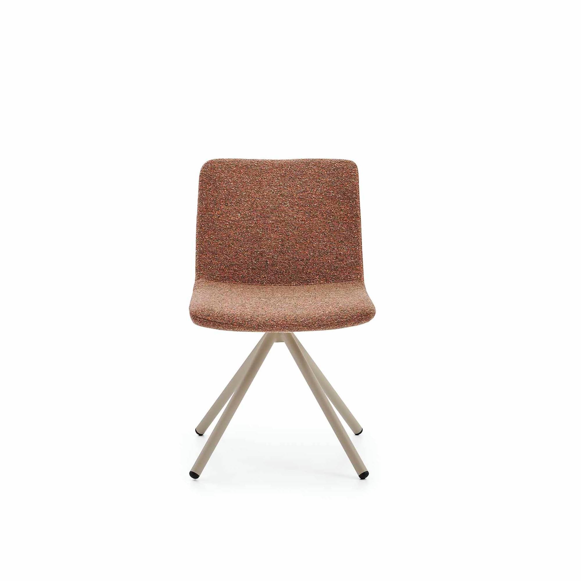 Chair with brown upholstered seat and beige metal legs on a white background