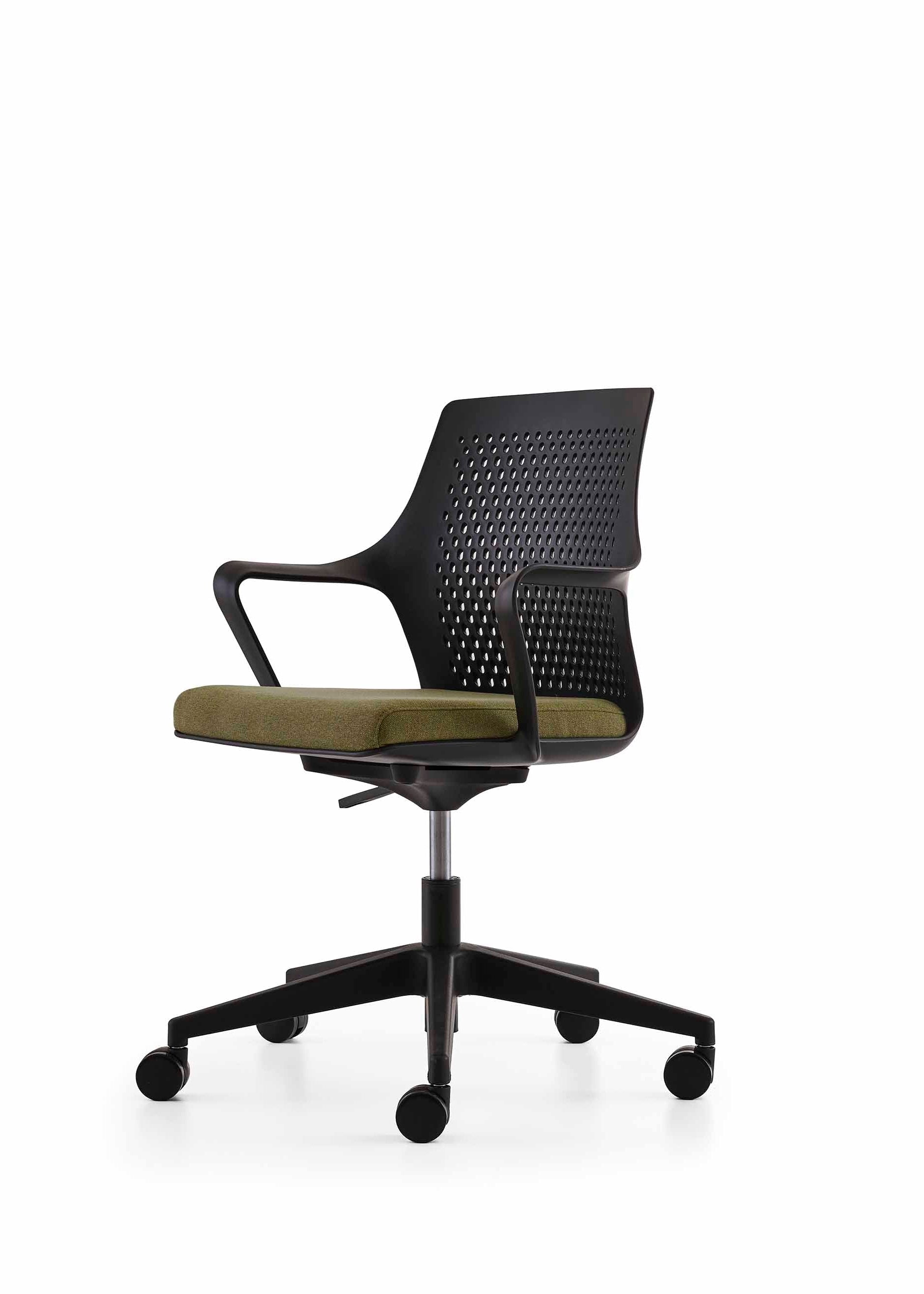 Black office chair with green cushion on a white background