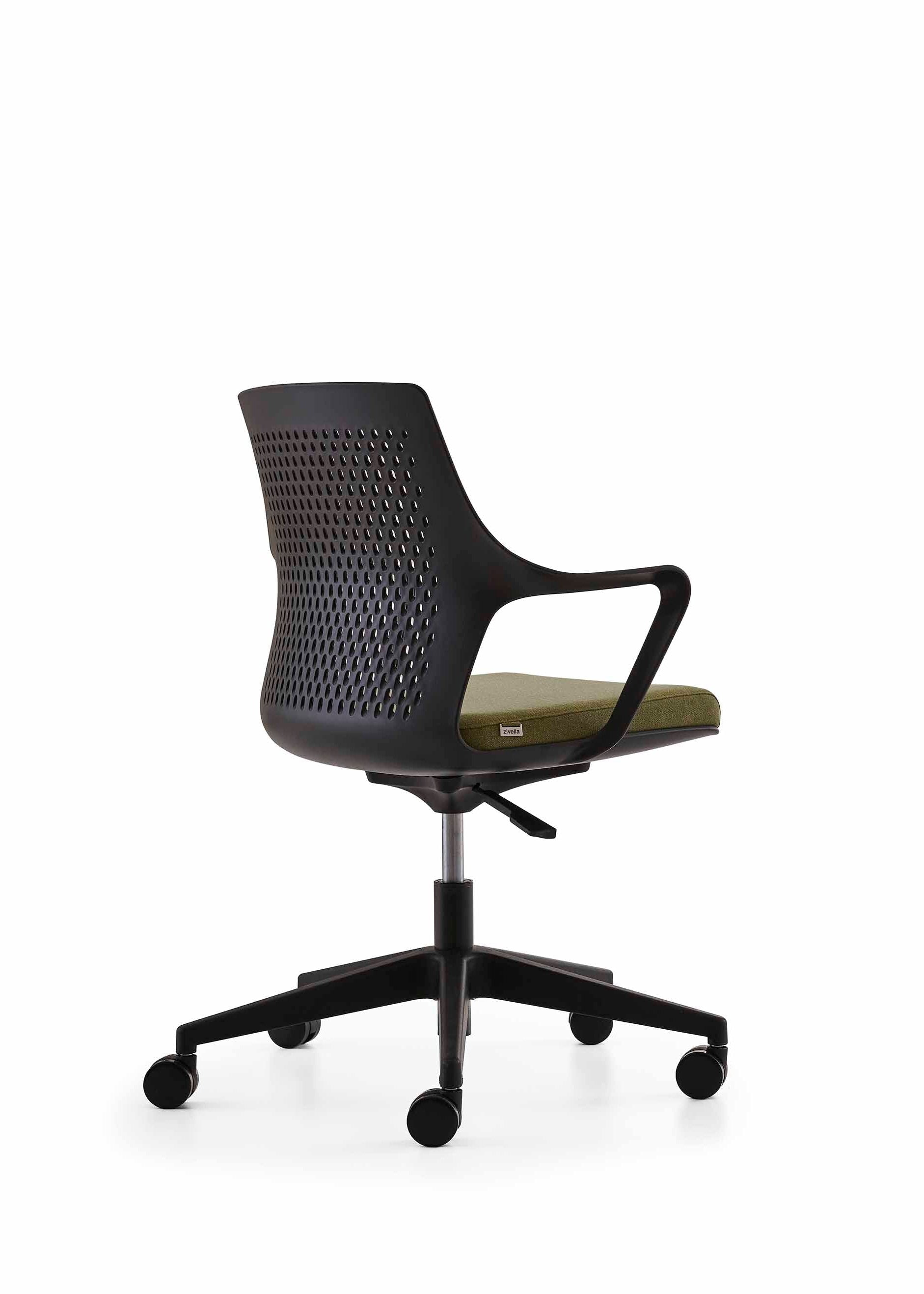Black office chair with green seat on a white background