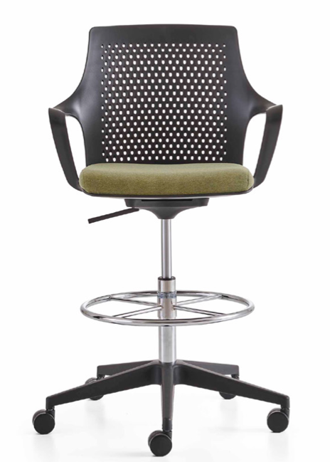 Modern office chair with black perforated backrest and green seat on a white background