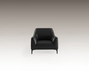 Front view of Belluna Armchair in black Dumas leather with sleek silhouette
