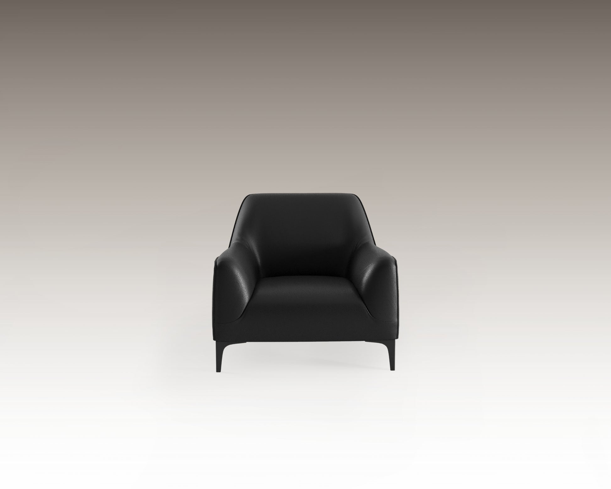 Front view of Belluna Armchair in black Dumas leather with sleek silhouette