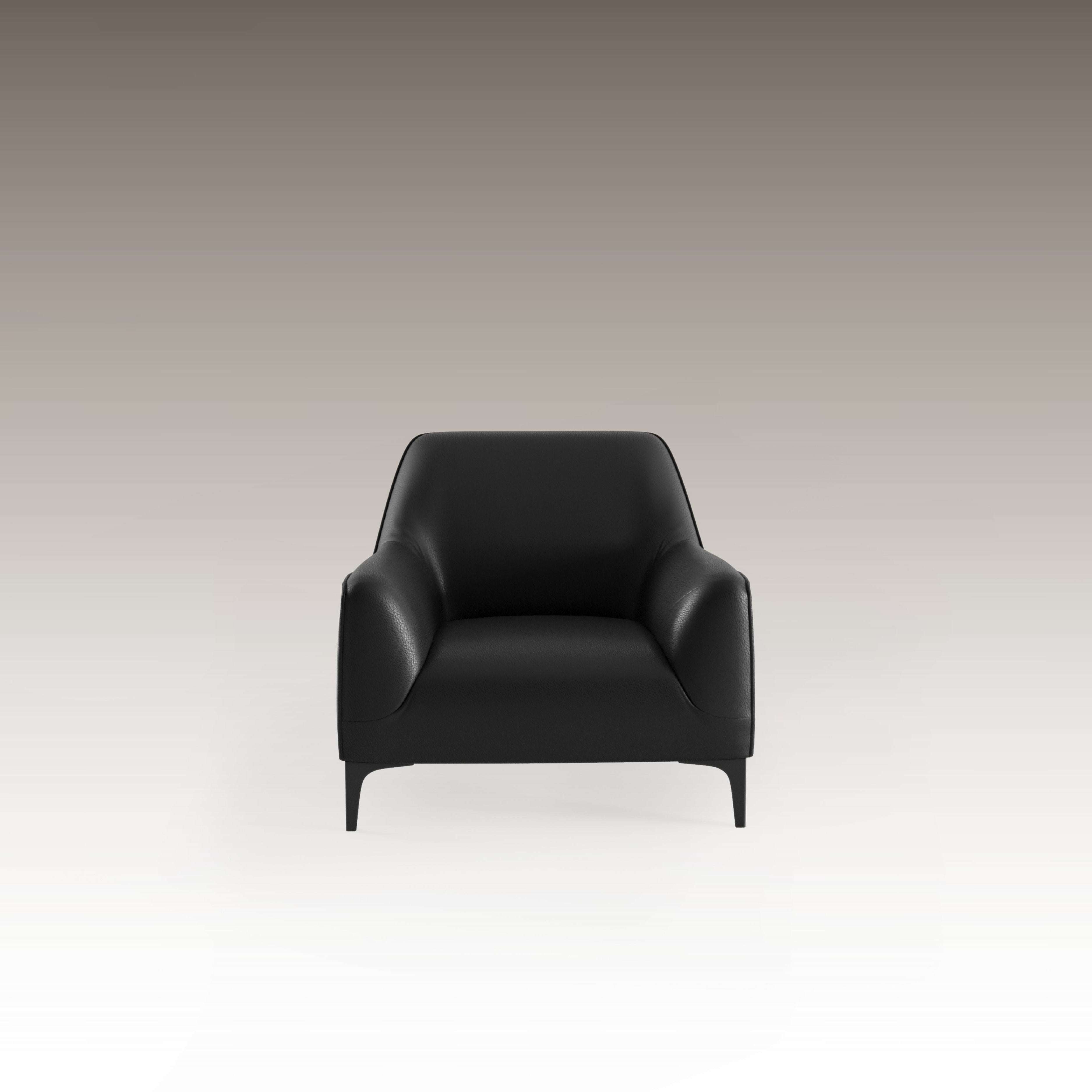Front view of Belluna Armchair in black Dumas leather with sleek silhouette