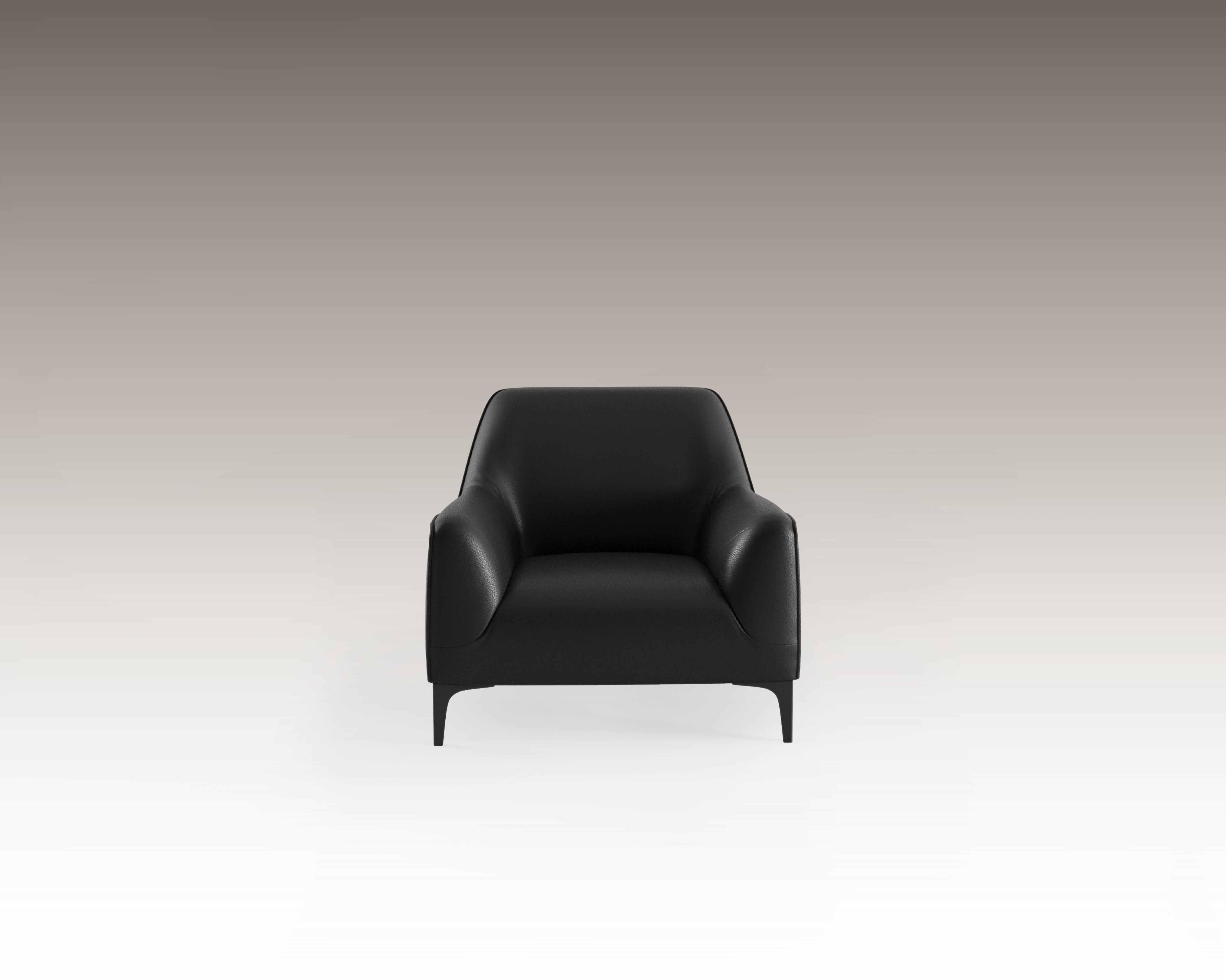 Front view of Belluna Armchair in black Dumas leather with sleek silhouette
