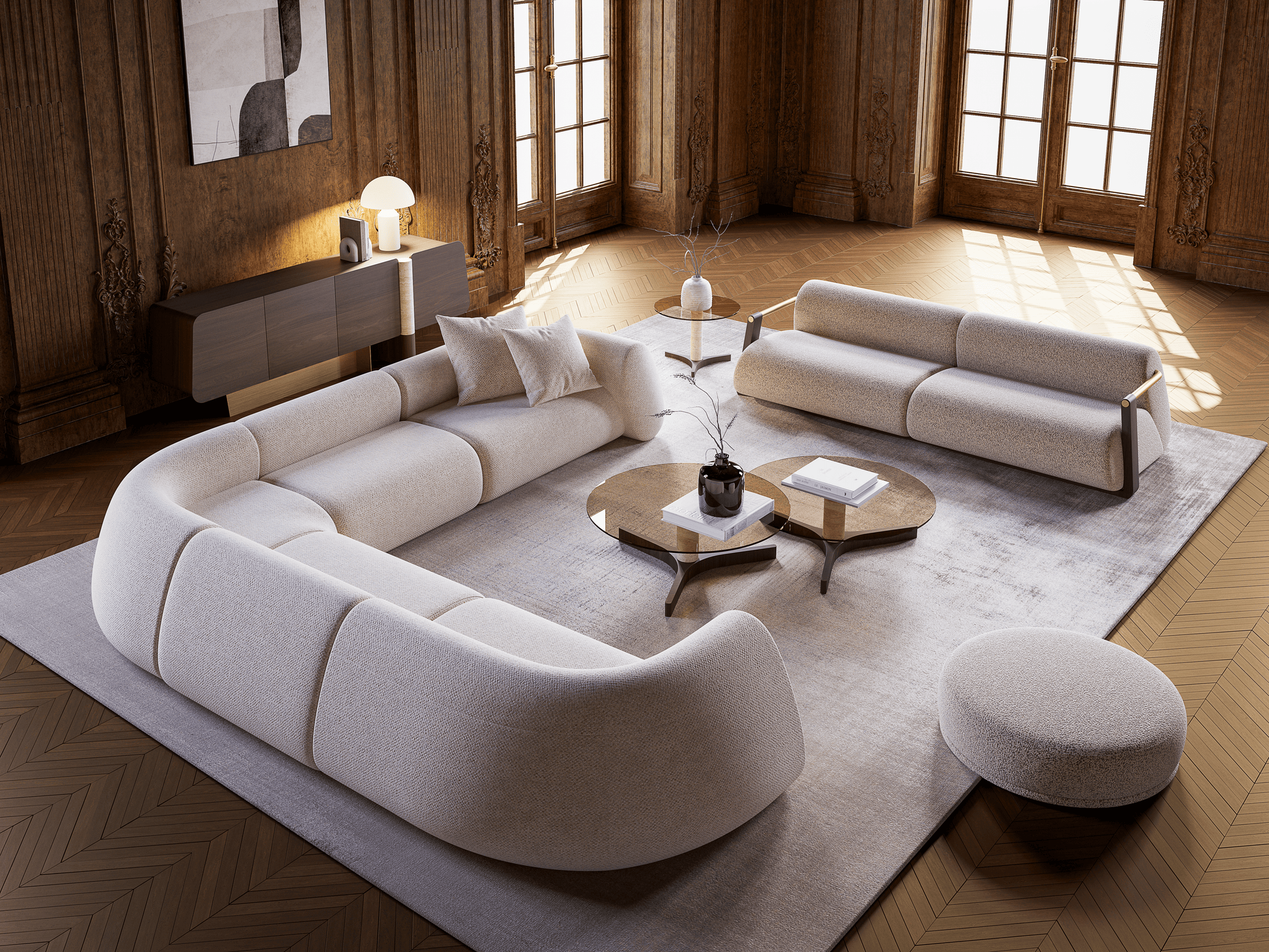 Ivory fabric modular L-shaped sofa in a modern living room