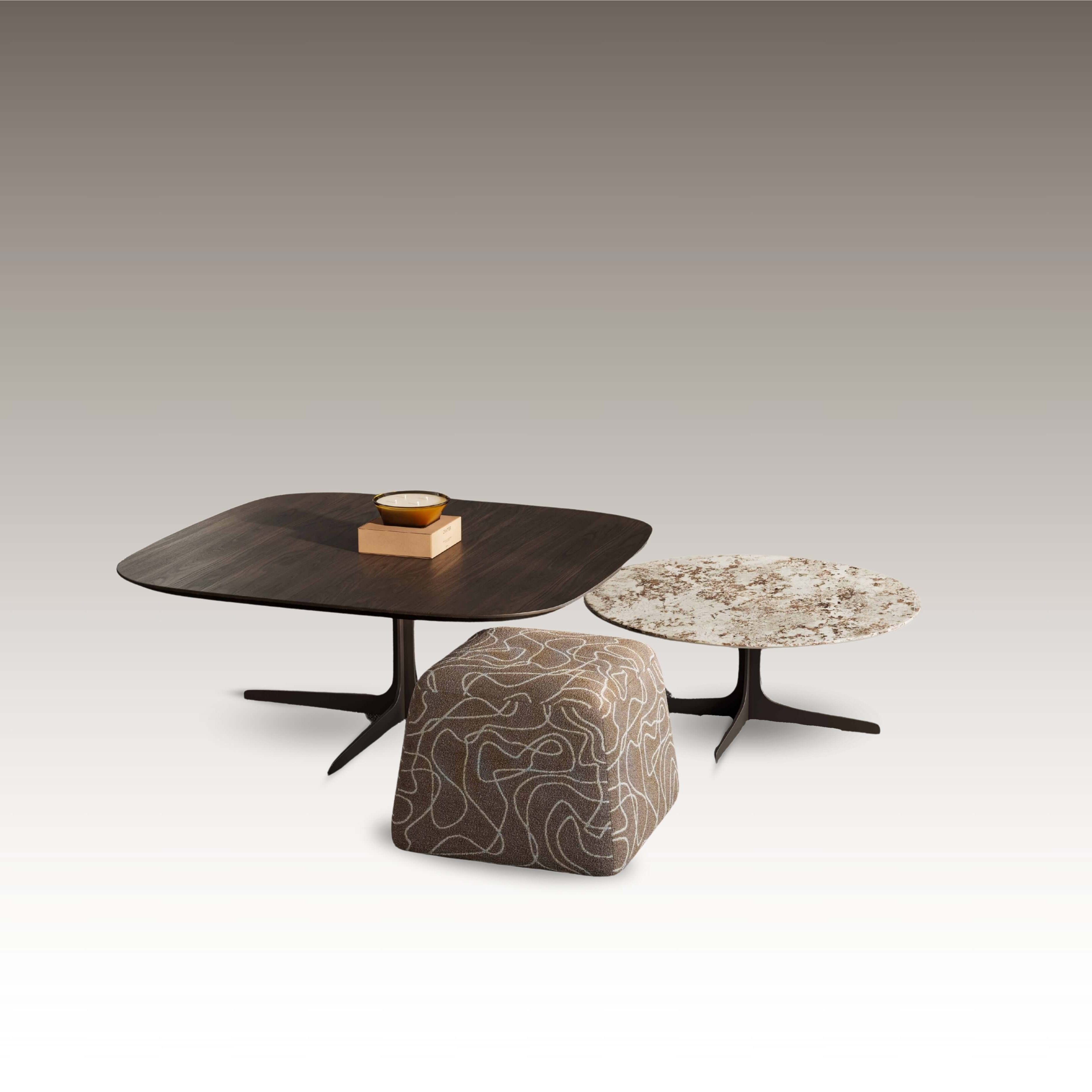 Trio Coffee Table Set – 3-piece design with wood-veneer table, round ceramic table, and customizable fabric pouf Canapy Furniture
