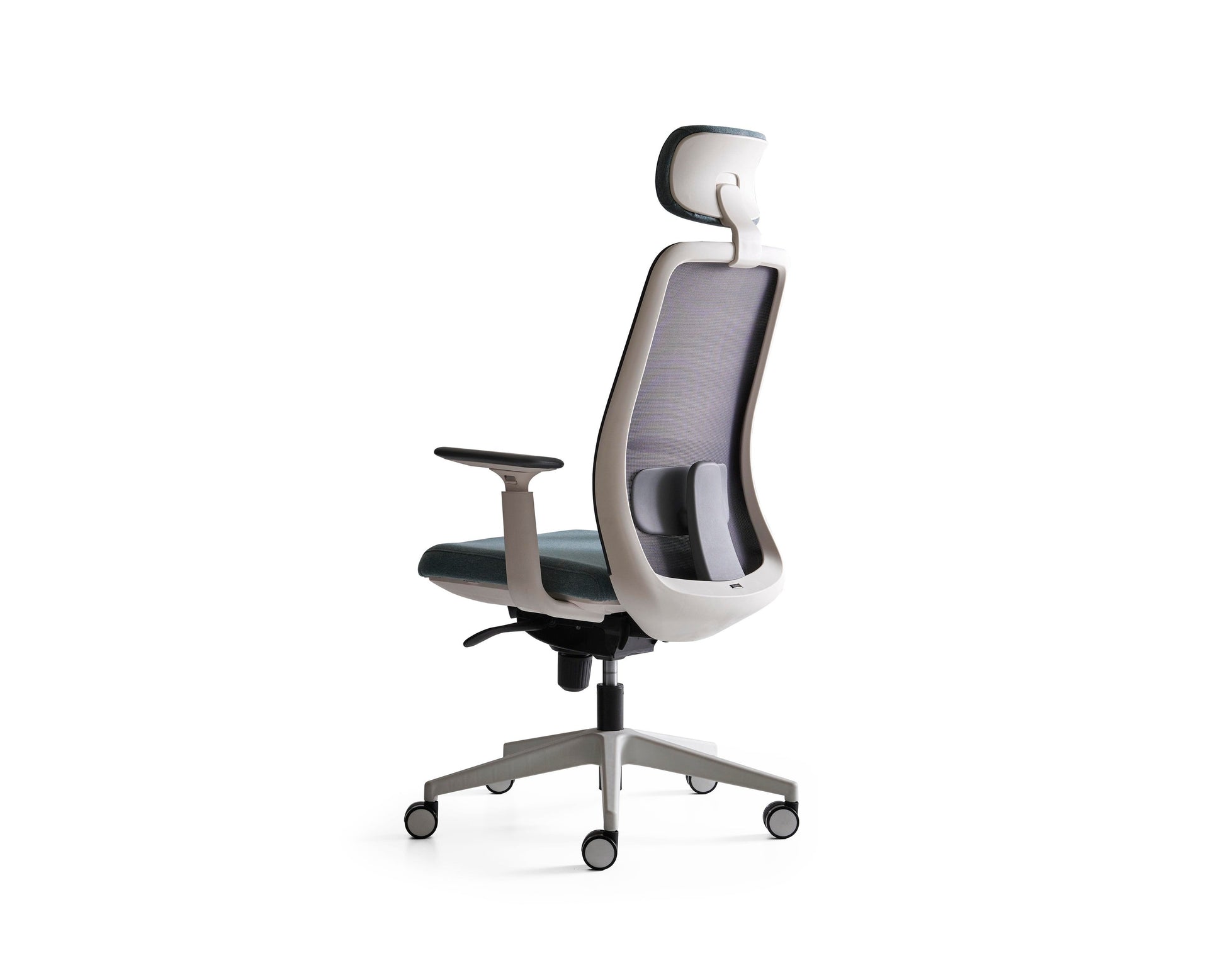 Modern office chair with gray mesh backrest and black seat on a white background