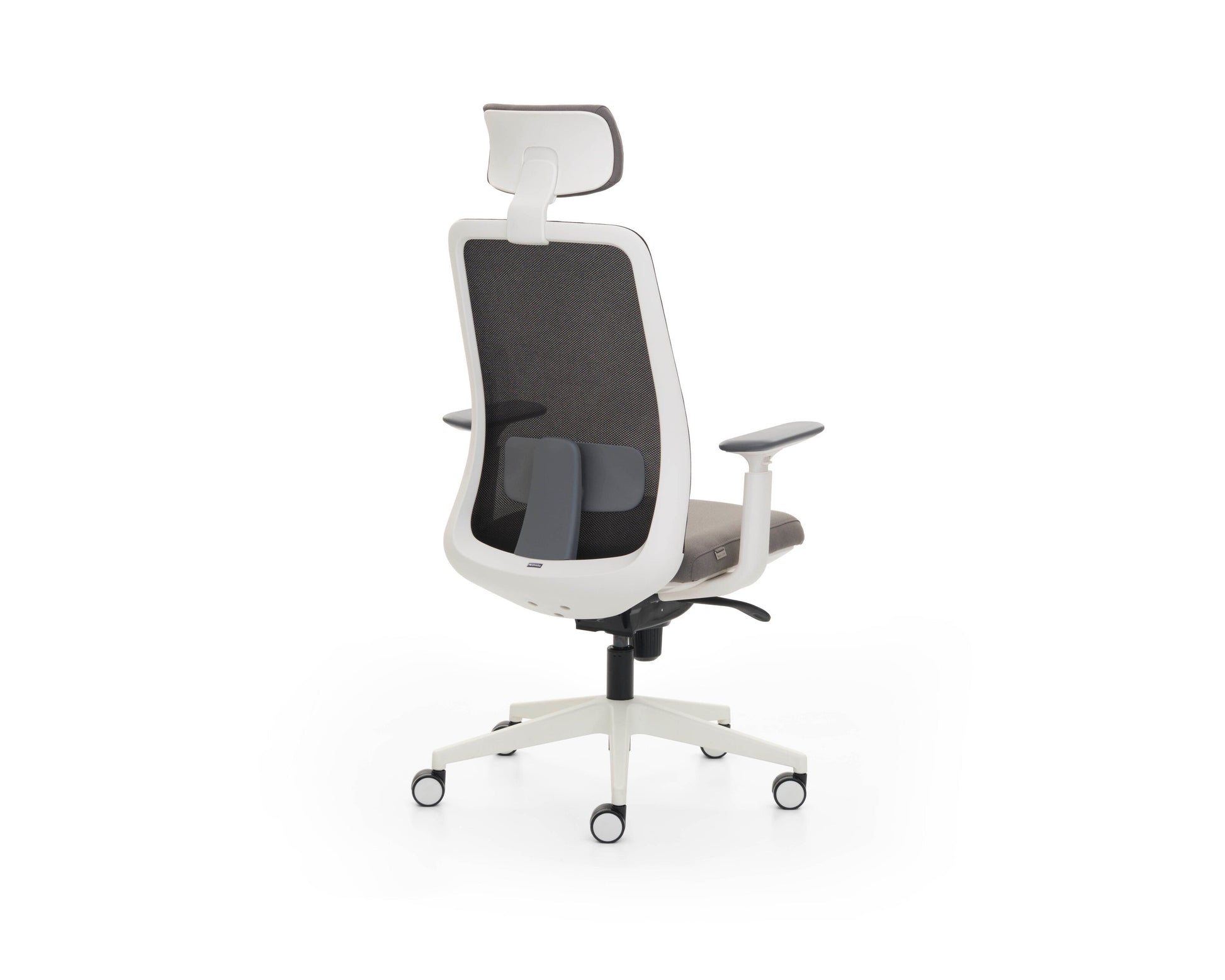 Modern office chair with black mesh backrest and white frame on a white background