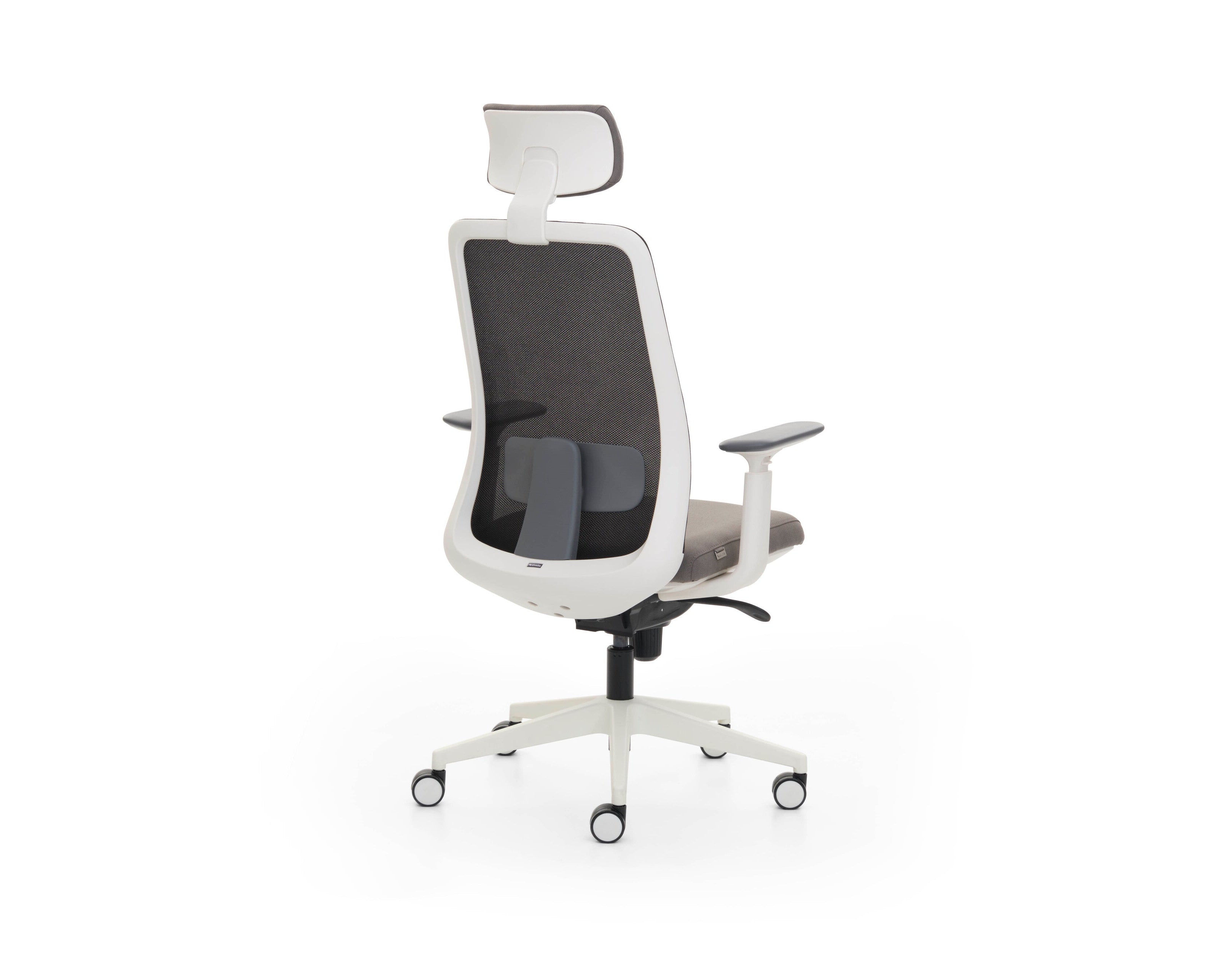 Modern office chair with black mesh backrest and white frame on a white background