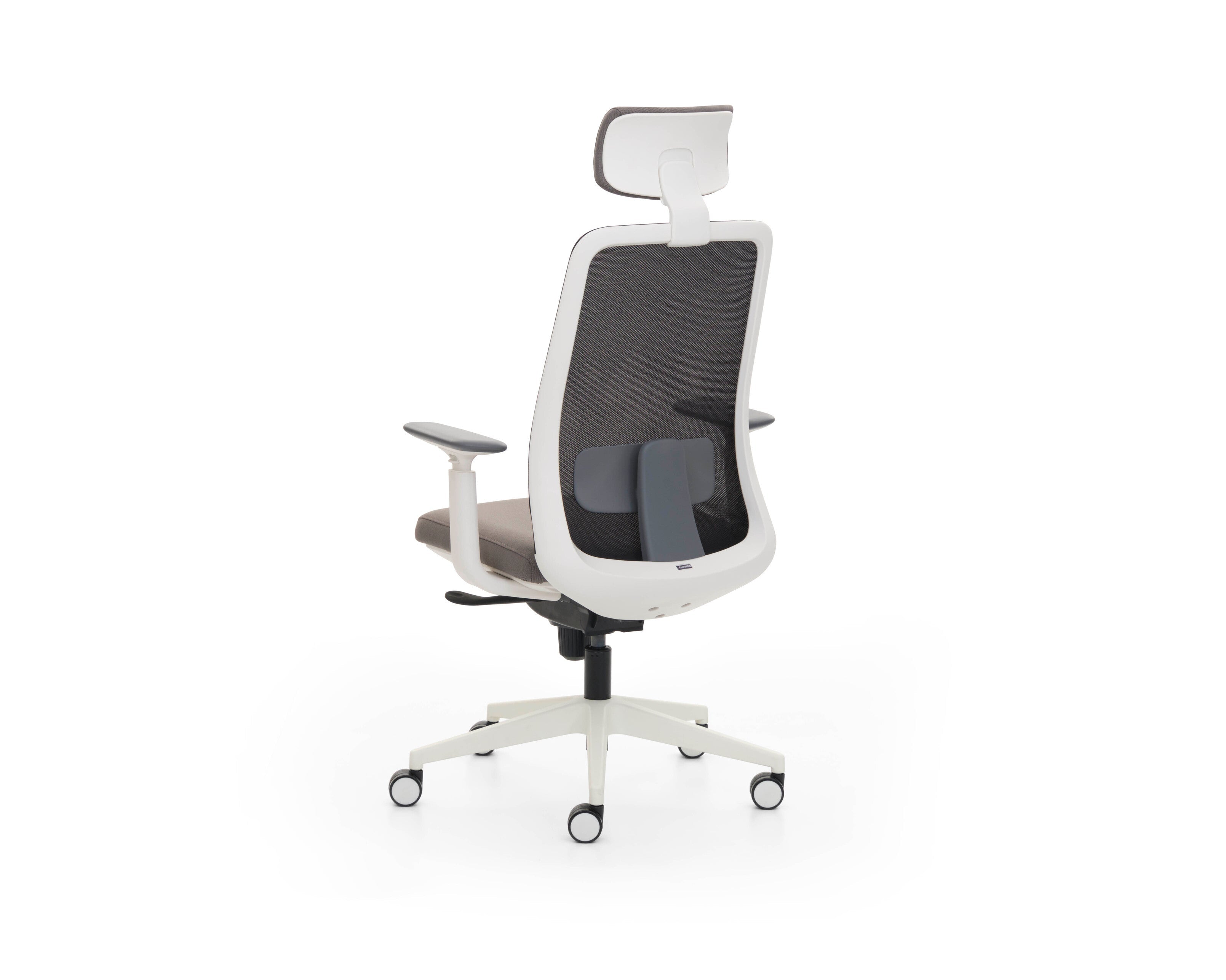 Modern office chair with white frame and black mesh backrest on a white background