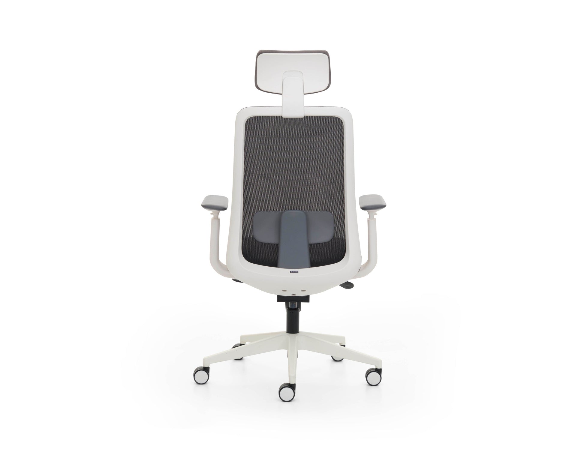 White office chair with black mesh backrest on a white background