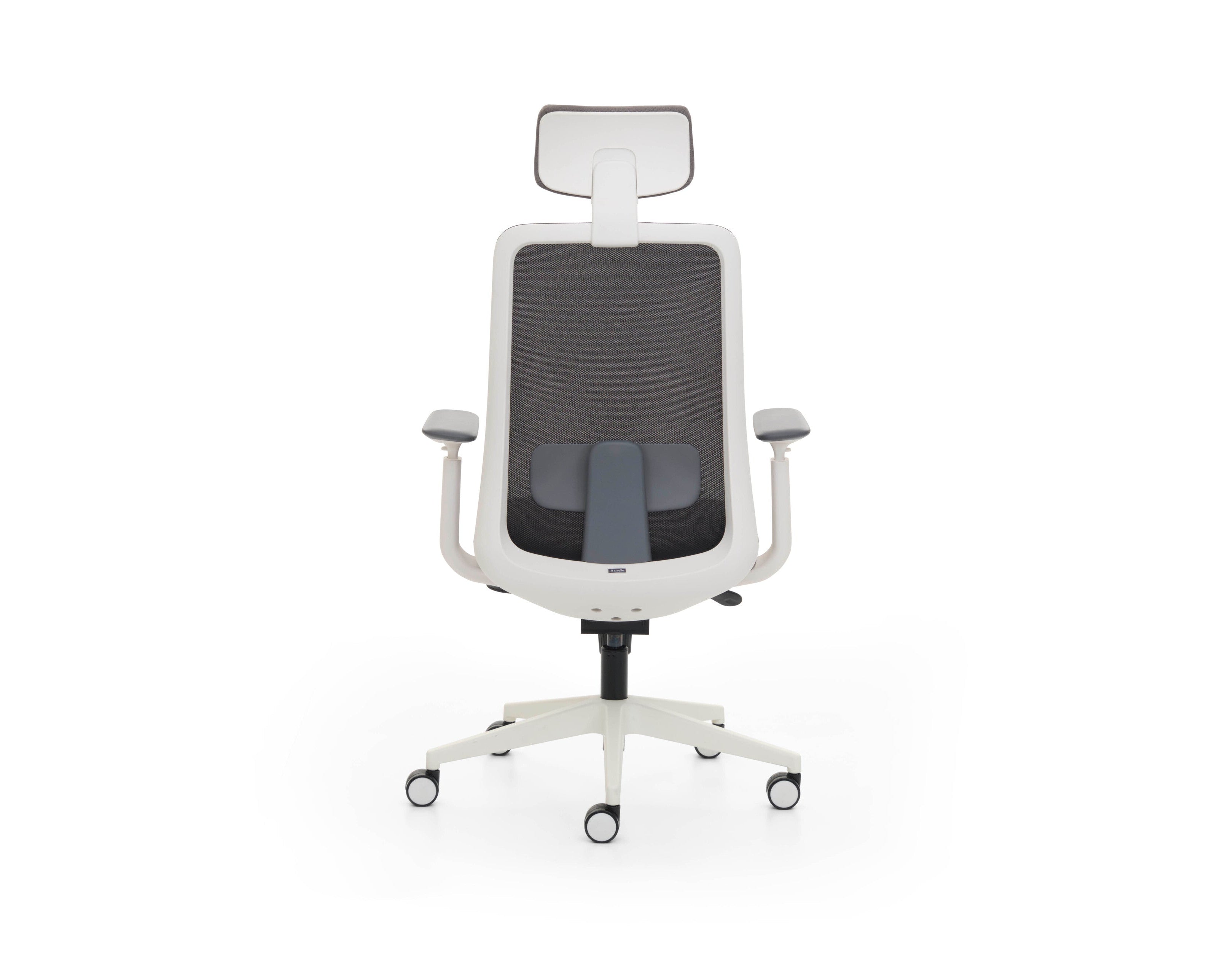 White office chair with black mesh backrest on a white background