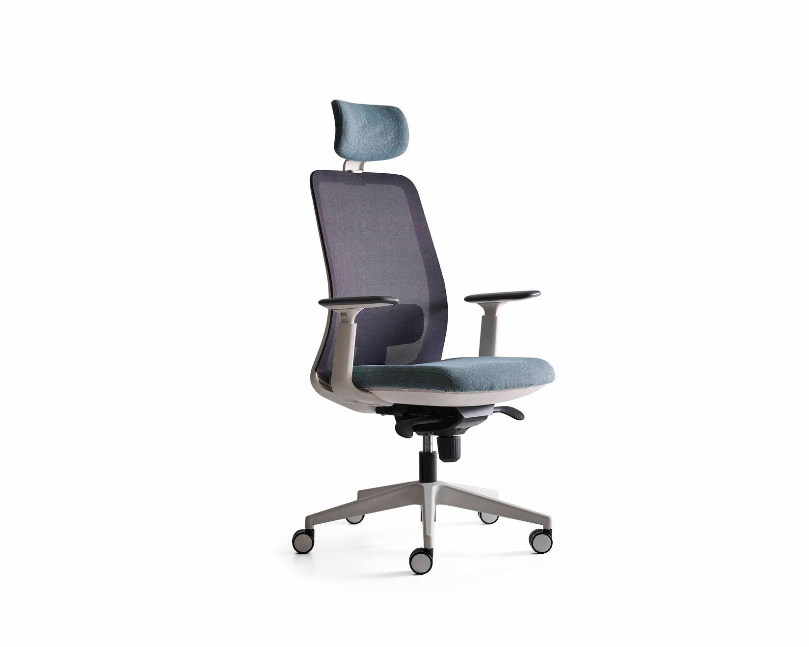 Ergonomic office chair with mesh backrest on a white background