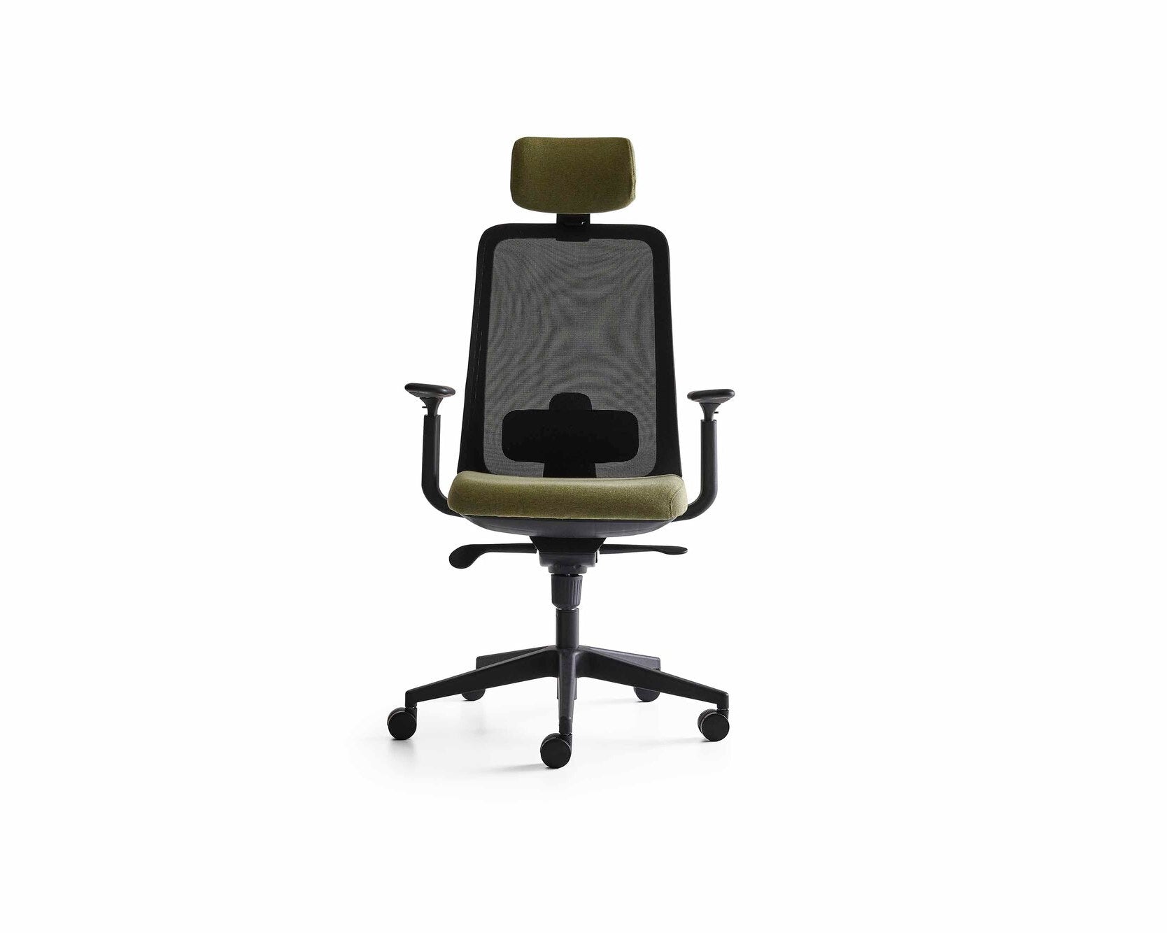 Ergonomic office chair with mesh back and green cushion on a white background