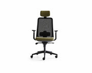 Ergonomic office chair with mesh back and green cushion on a white background