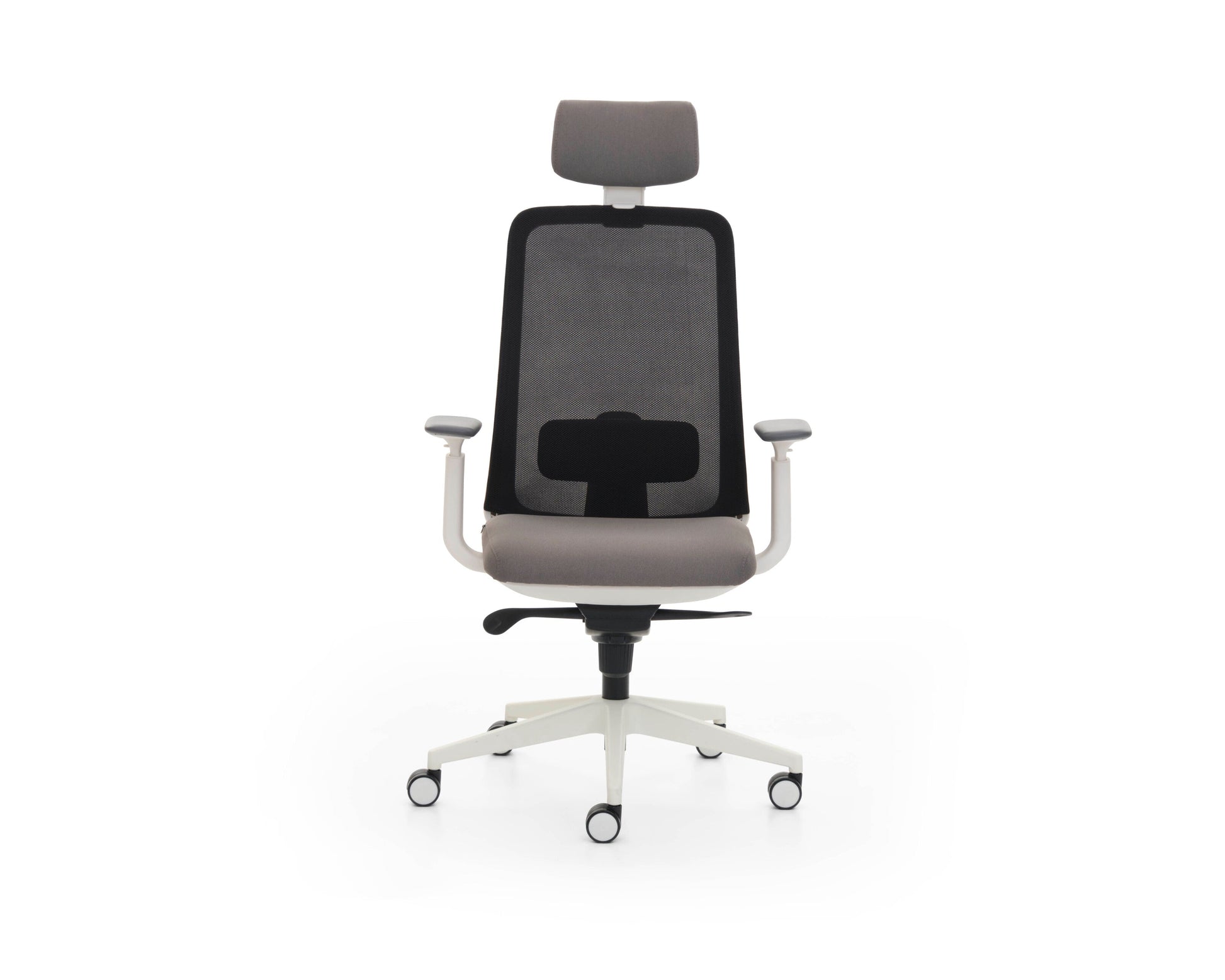 Ergonomic office chair with mesh backrest and headrest on a white background