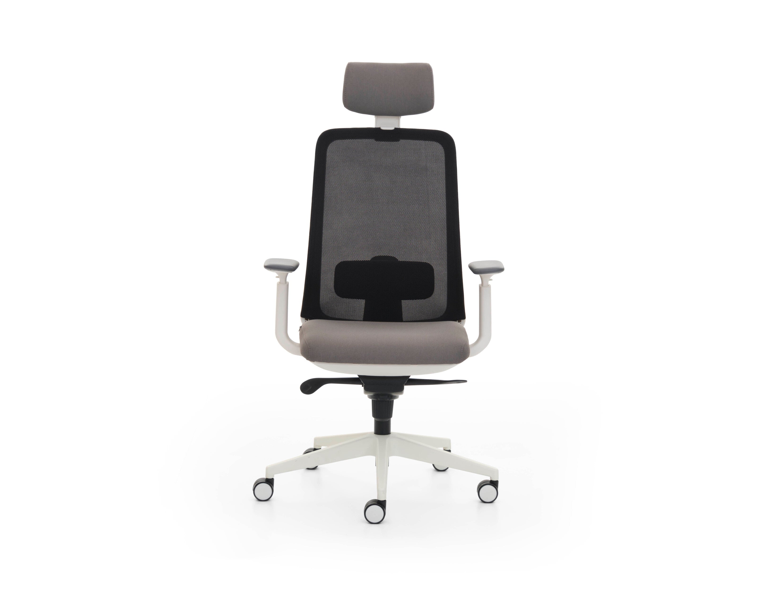 Ergonomic office chair with mesh backrest and headrest on a white background