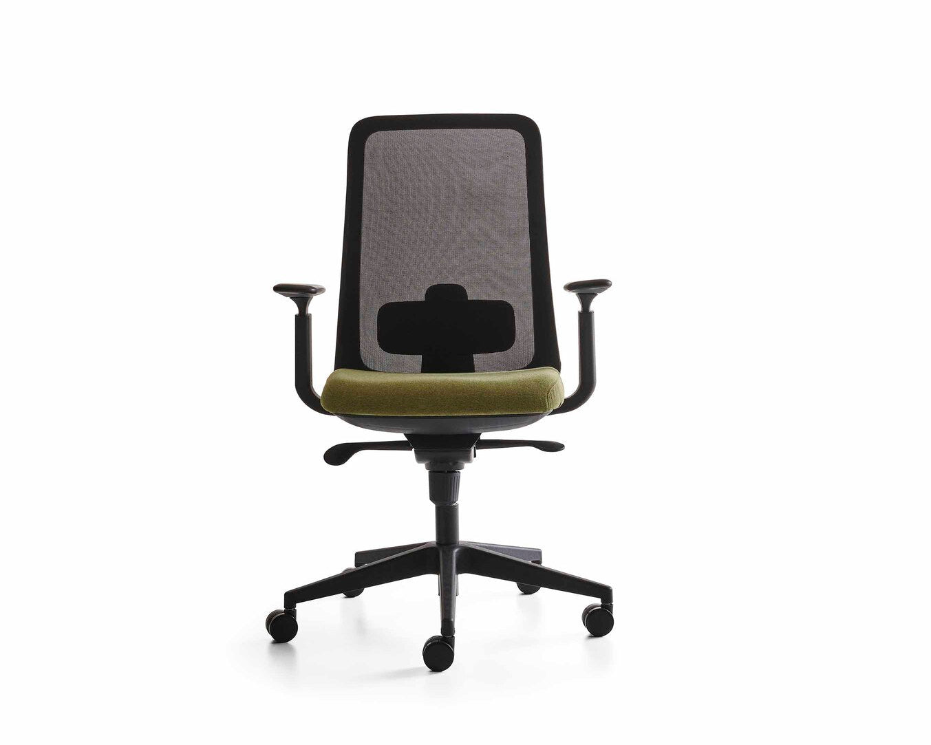 Eva Office Chair in modern design with a mesh backrest and green seat for ergonomic desk seating.