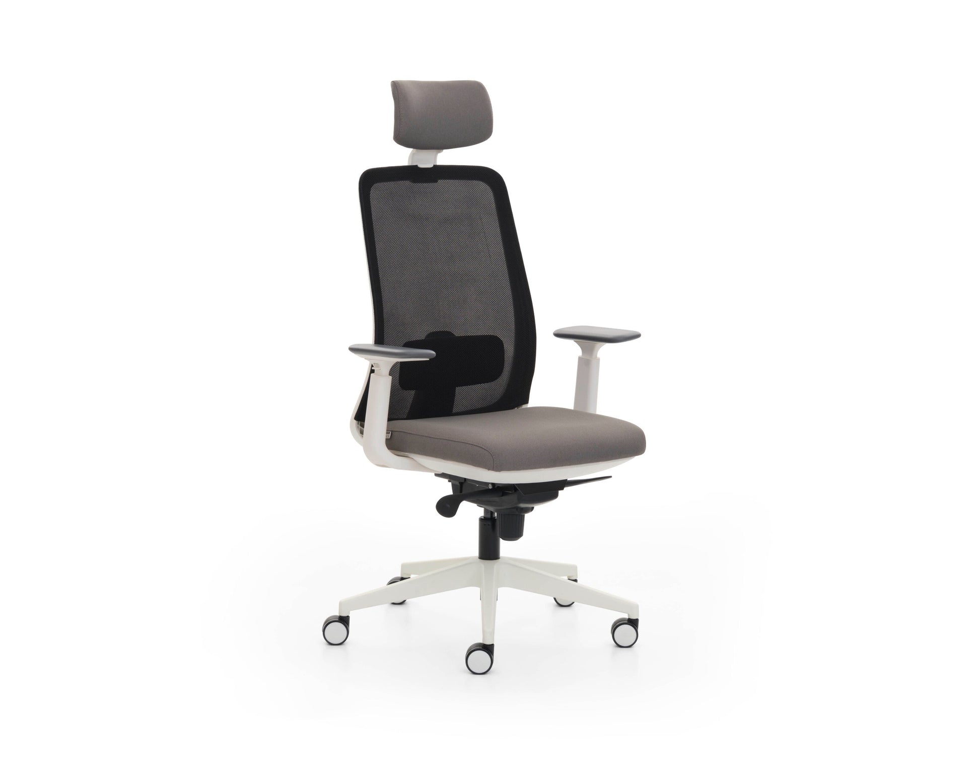 Ergonomic office chair with mesh back and gray seat on a white background